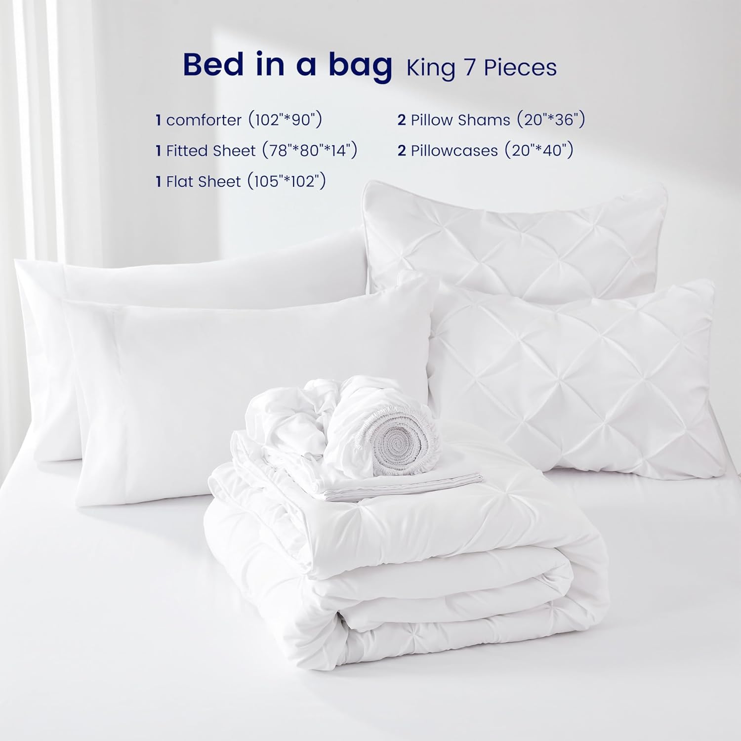 Juego de ropa de cama tamaño King con edredón y sábanas, 7 piezas para todas las estaciones, estilo pintuck duradero, diseño blanco puro para