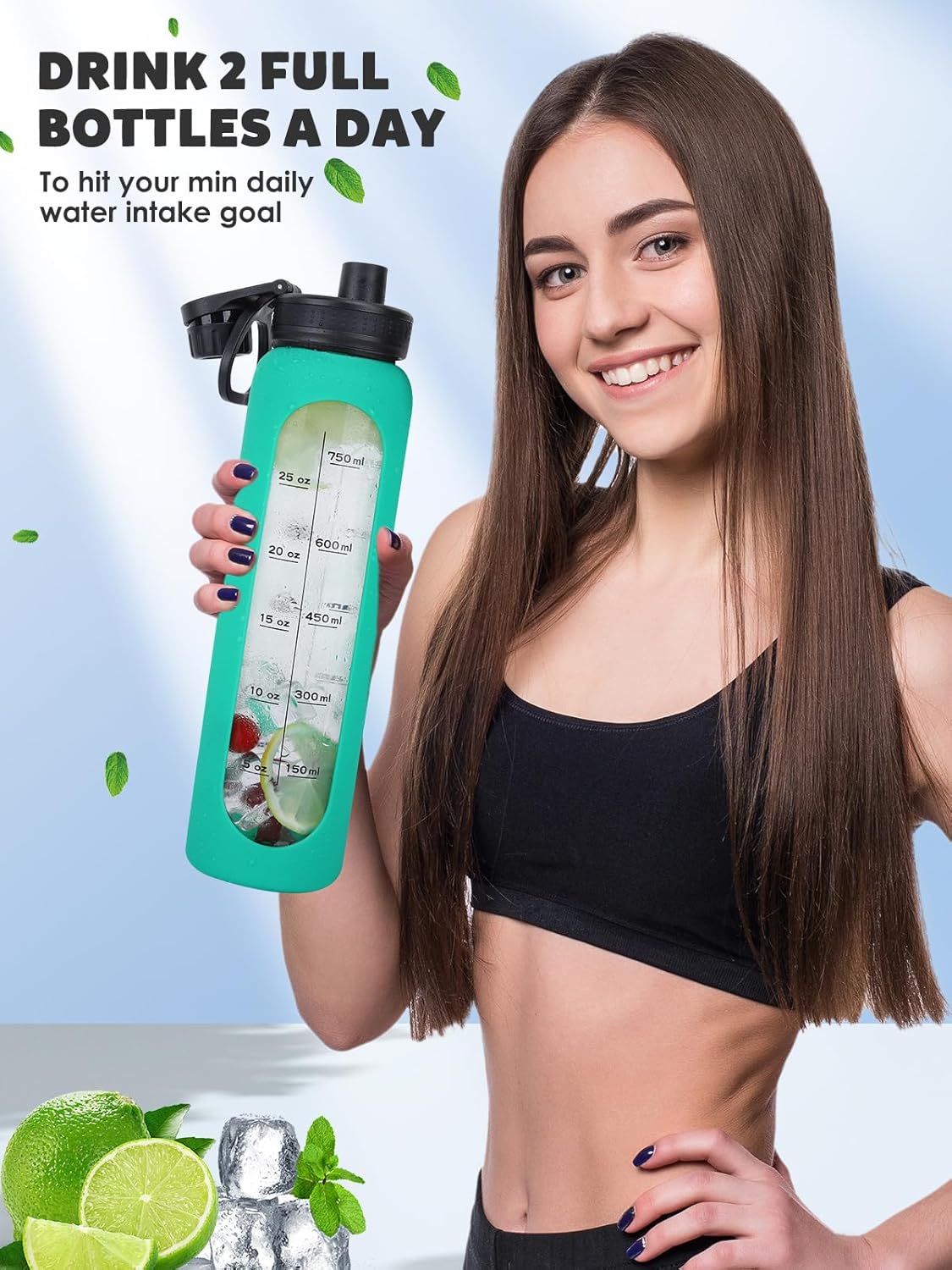 Botellas de agua de vidrio de 32 onzas con funda de silicona, botellas de hidratación para beber, reutilizables, sin BPA, borosilicato, boca ancha,