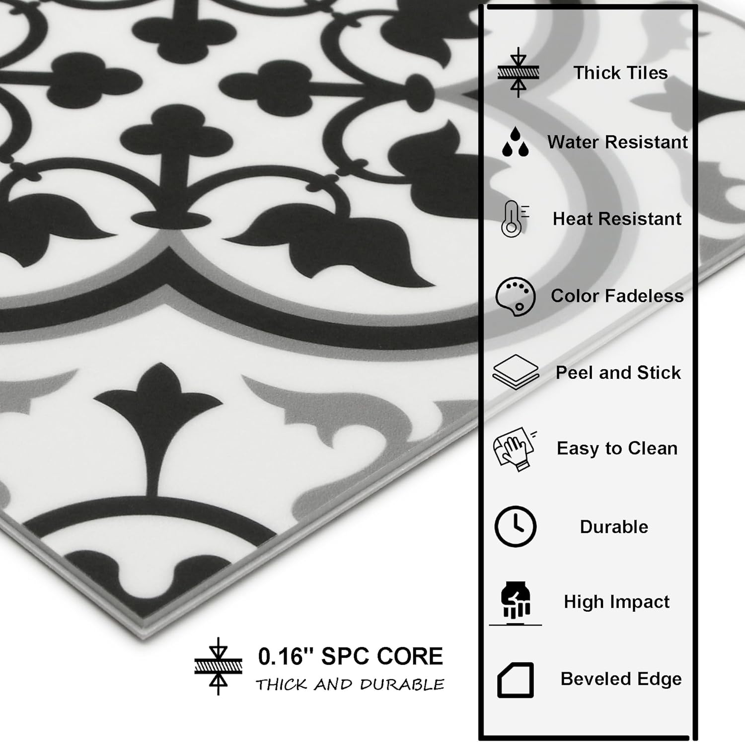 Azulejo de suelo y pared para baño y cocina. Azulejo autoadhesivo de vinilo SPC. Azulejo de salpicaduras de lechada con estampado encáustico blanco