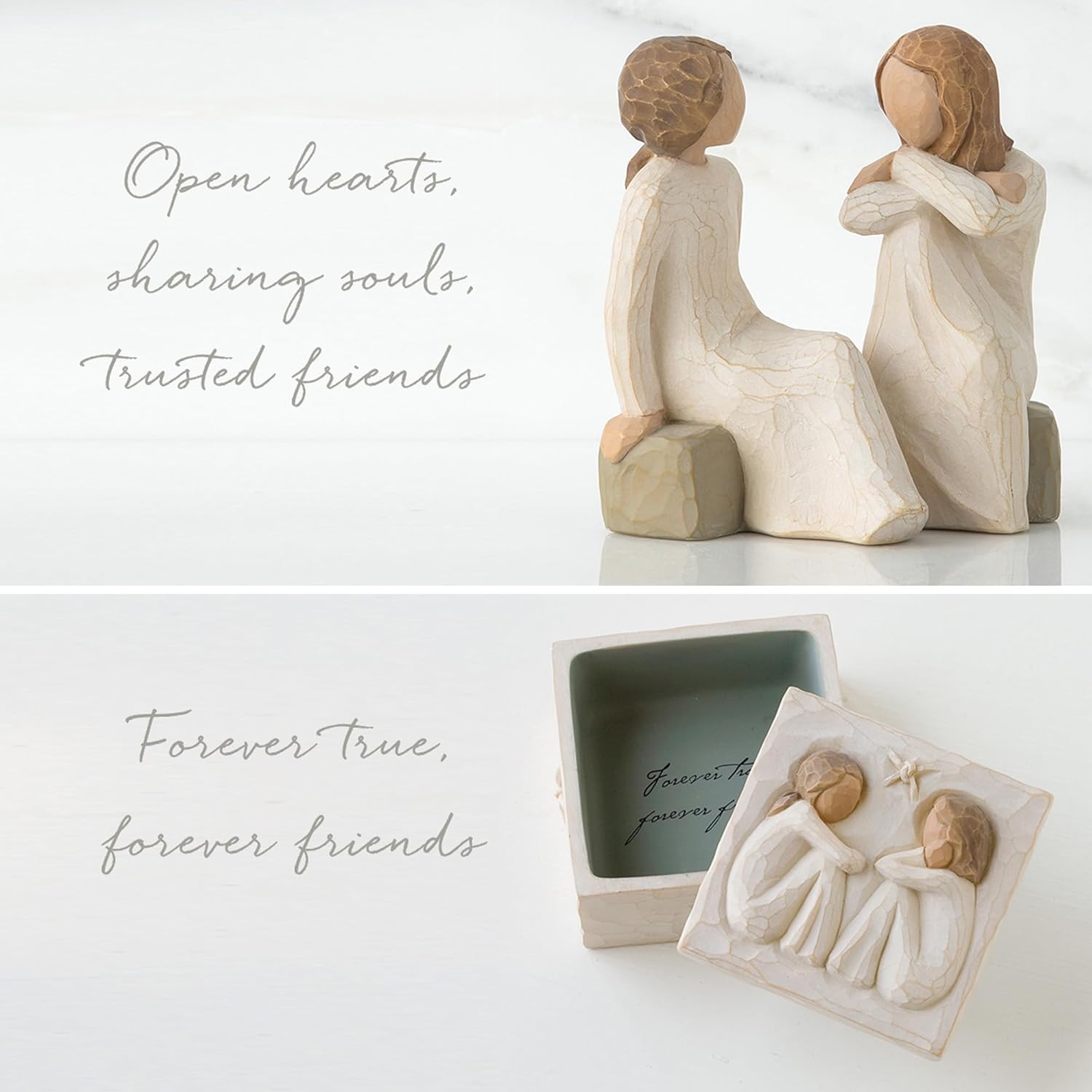 Willow Tree Figura de corazón y alma más caja de recuerdos de la amistad, juego de 2 piezas esculpido pintado a mano