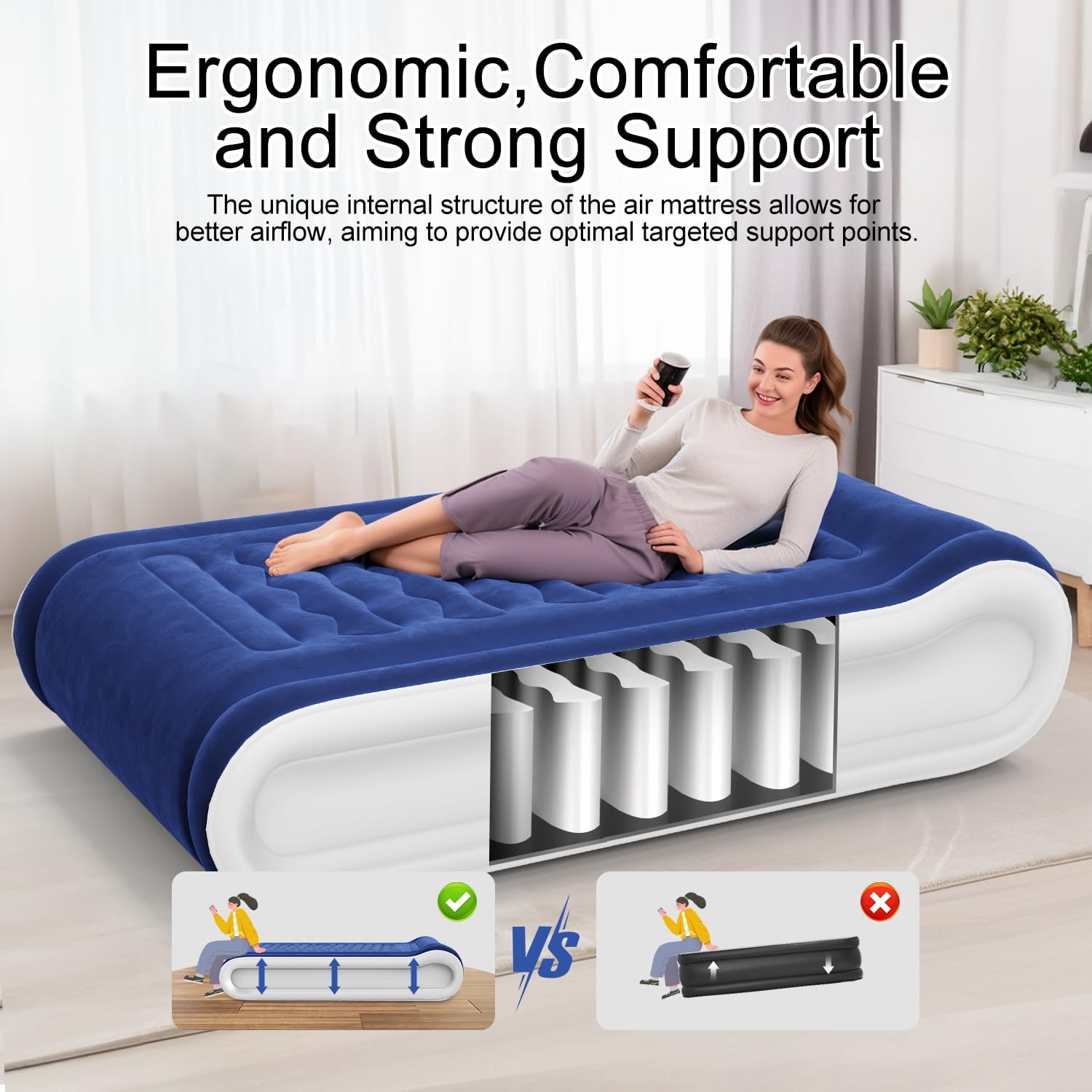 Colchón inflable individual con bomba incorporada, colchón inflable tamaño individual con almohada incorporada, inflado rápido en 3 minutos, cama de
