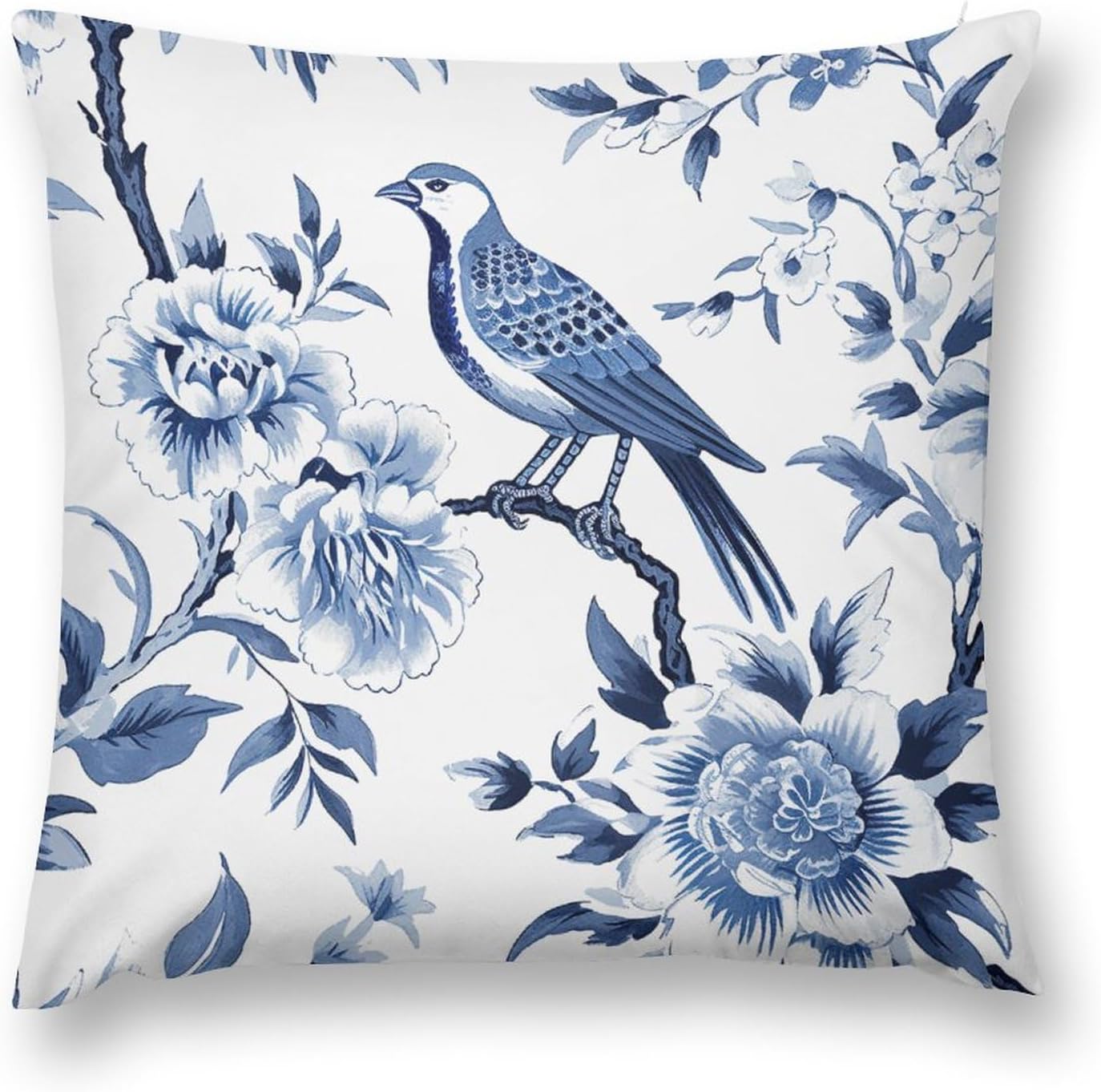 Funda de almohada floral de pájaro de terciopelo azul índigo, fundas de cojín chinoiserie, fundas de almohada de granja para decoración del hogar