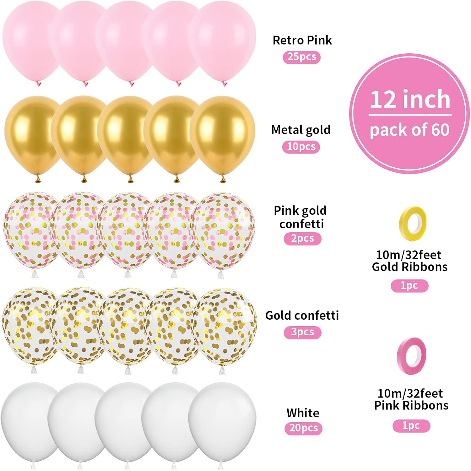 Biapian Globos de oro rosa, 60 globos rosa, blanco y dorado, globos de confeti dorado metálico de 12 pulgadas, globo de látex rosa pastel, helio