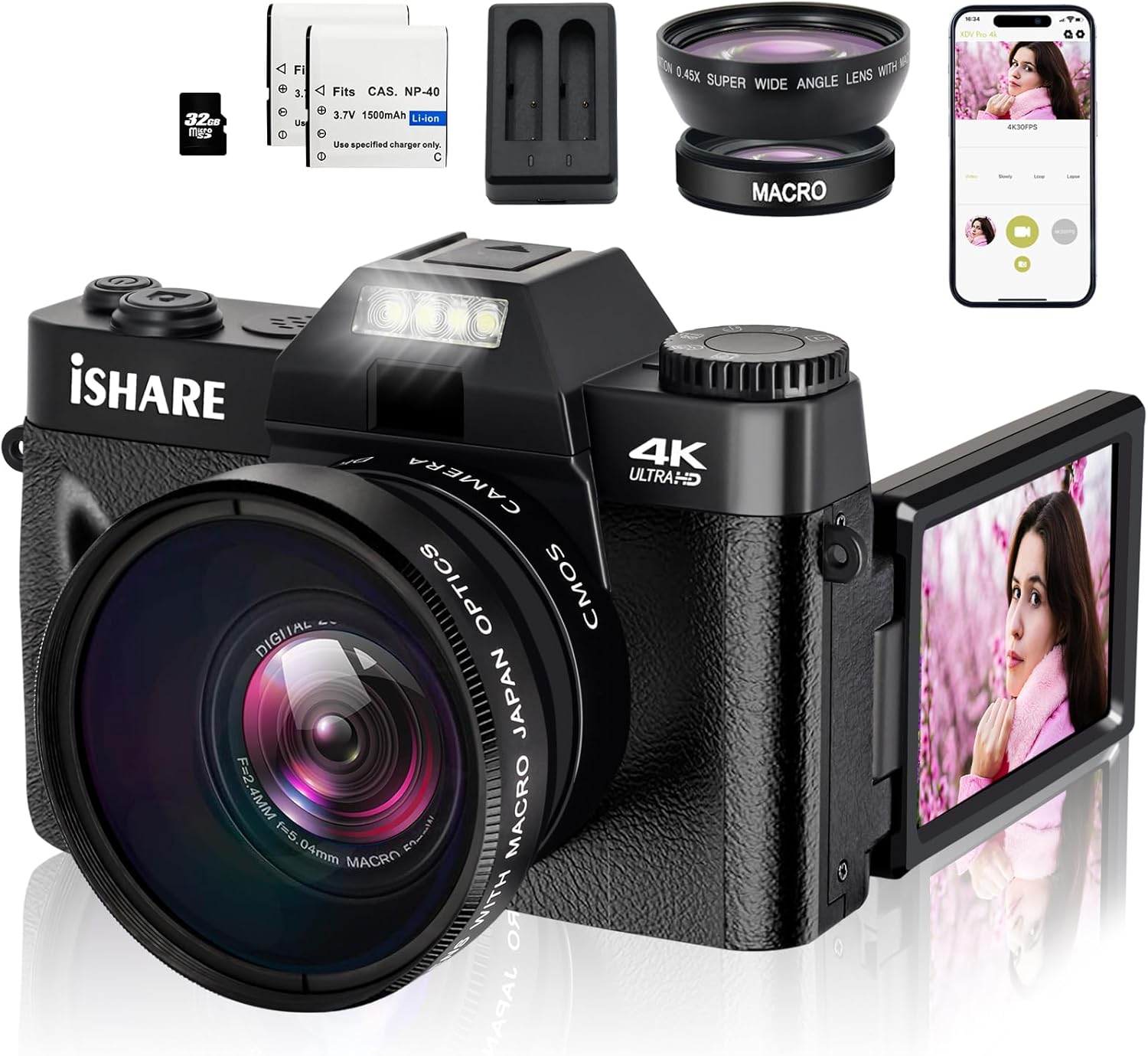 ISHARE Cámara digital para fotografía, cámara de vlogging 4K 48MP para YouTube con WiFi, pantalla abatible de 180 grados de 3 pulgadas, zoom digital