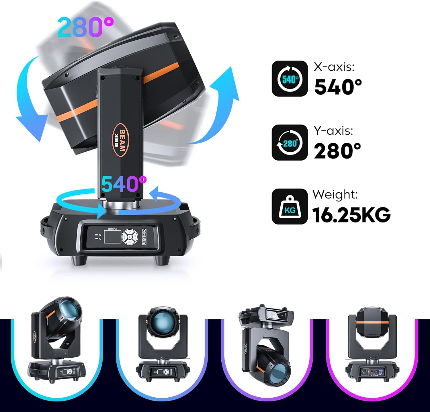 Luz de cabeza móvil de 380 W incorporada con 8 y 16 prismas de faceta, 13 Gobos 13 colores de iluminación de escenario de enfoque lineal, 16 canales