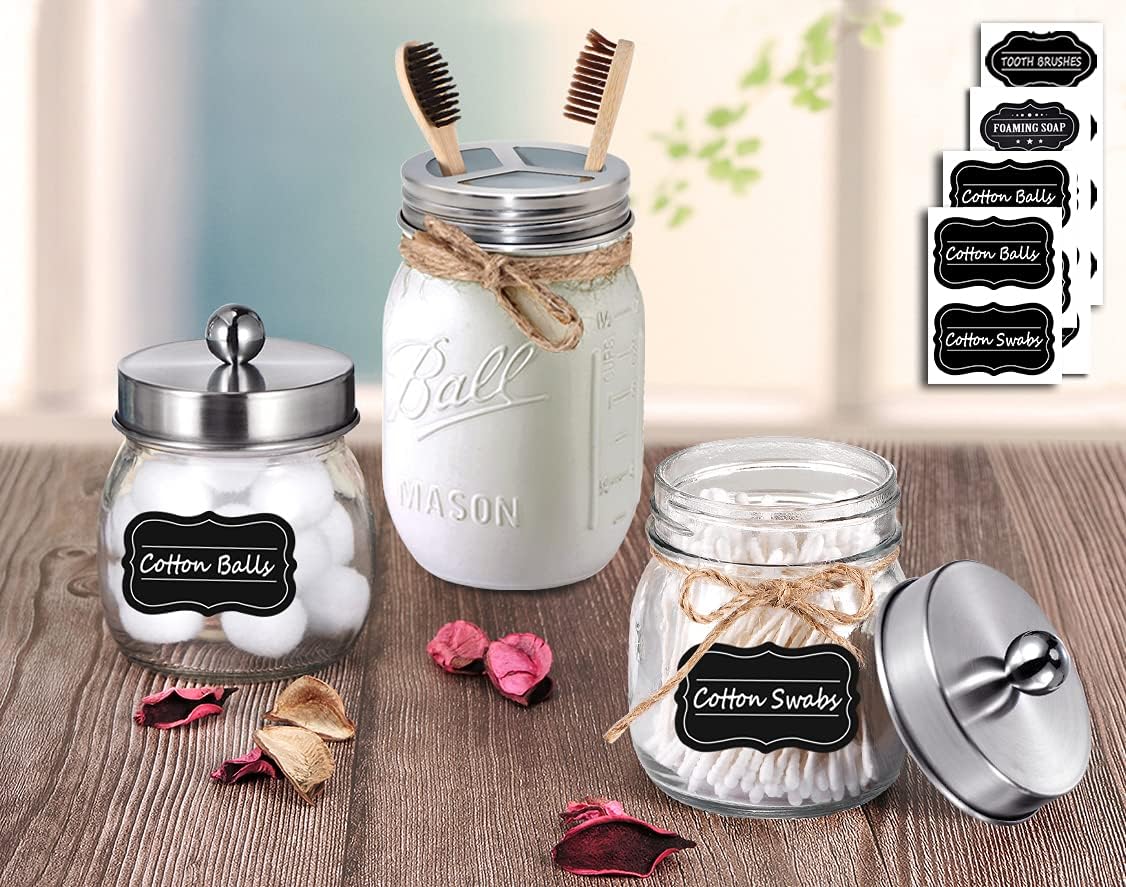 Juego de accesorios de baño Mason Jar (4 piezas)  Tarros no incluidos  Dispensador de jabón espumoso, soporte para cepillos de dientes y tapas de