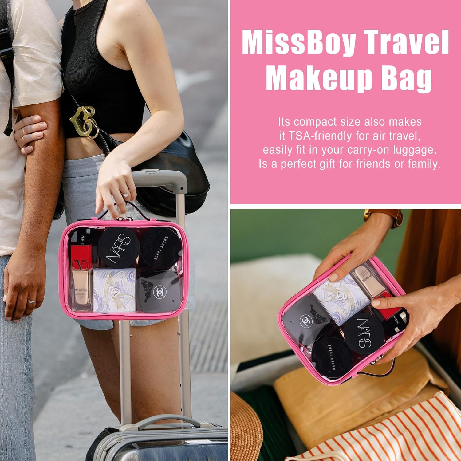 MissBoy Bolsa de maquillaje transparente, bolsa de cosméticos de viaje de gran capacidad, organizador de bolsa de almacenamiento abierta para