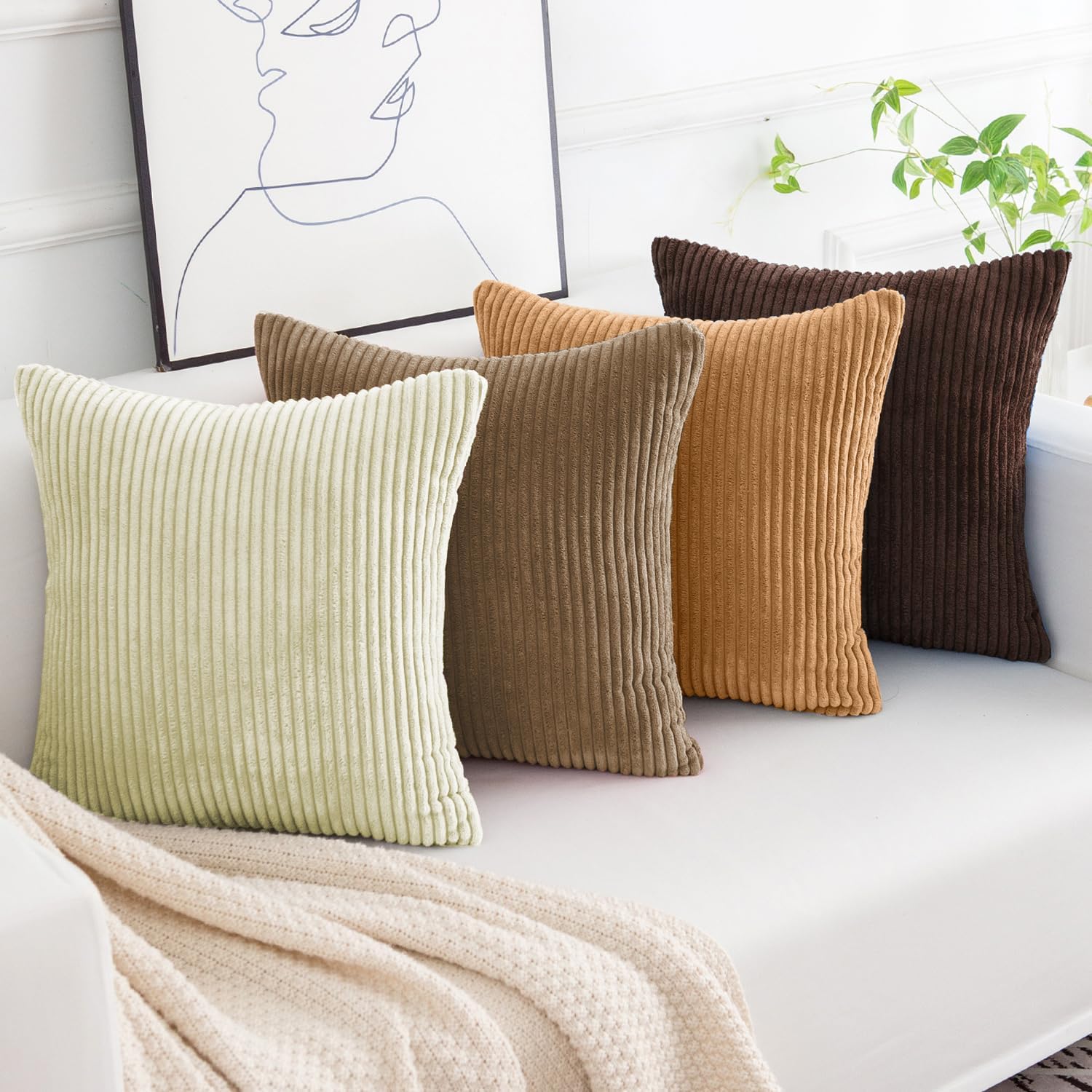 Softalker Juego de 4 fundas de almohada de pana suave a rayas sólidas, 20 x 20 pulgadas, decoración moderna para sofá, dormitorio, sala de estar
