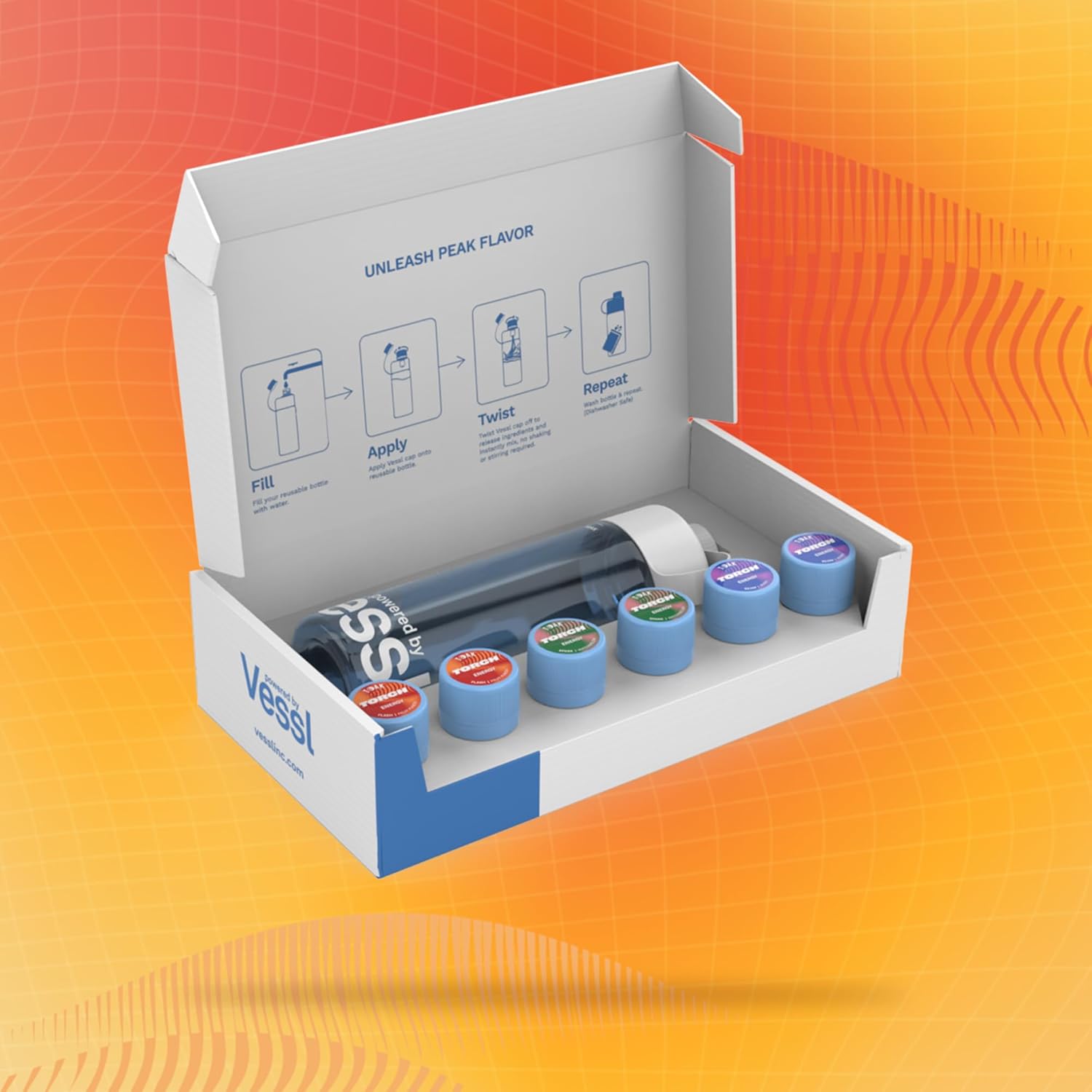 Kit de iniciación de energía de antorcha mezcla de bebida energética sin azúcar, mezcla de bebida con cafeína, botella reutilizable, seis tapas, 3