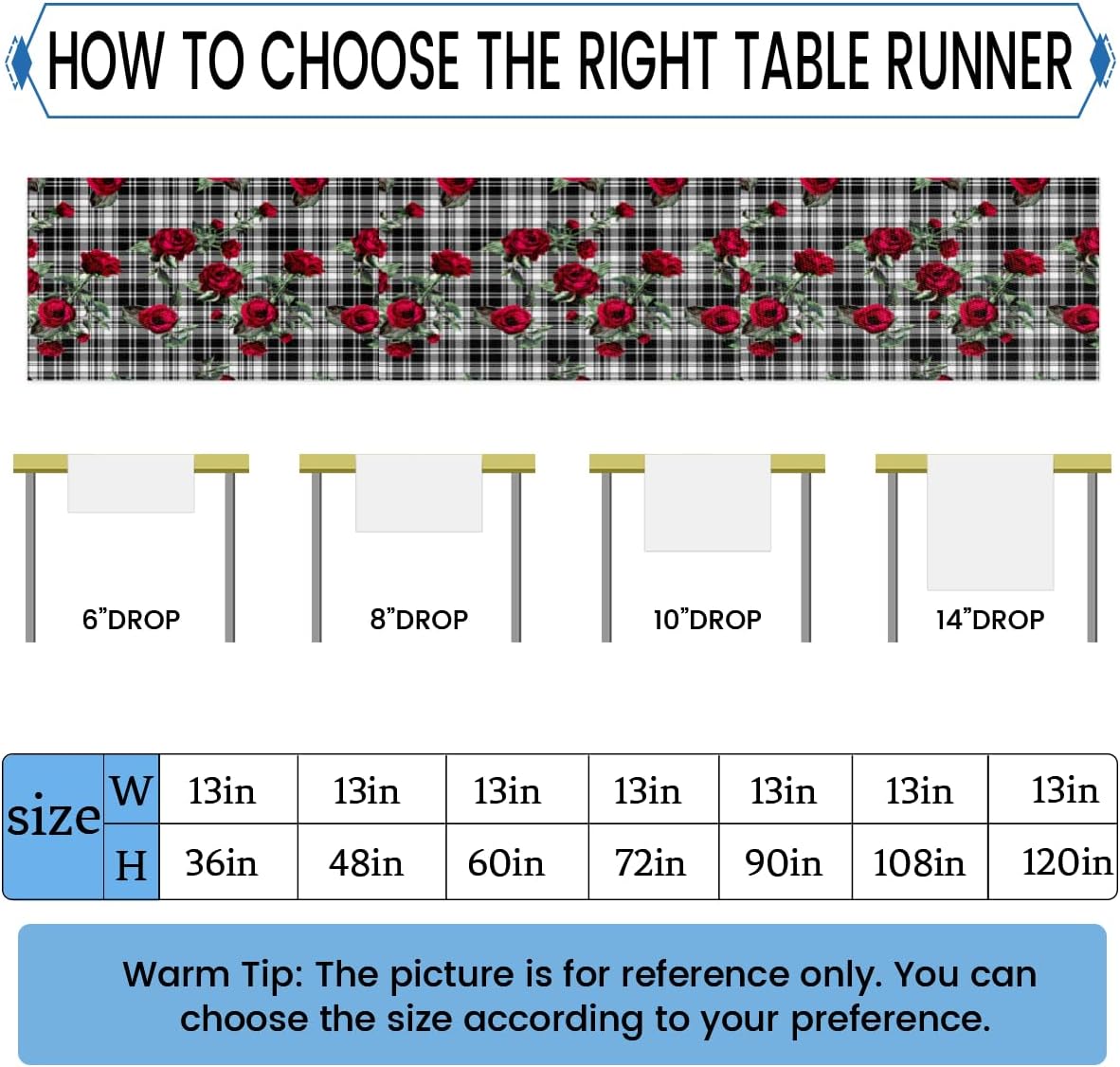 Table Runner Rose Black Plaid Background, Autumn Rustic Linen Table Cloth Kitchen Dining Table Decor for Home Party 13 x 72 Inches