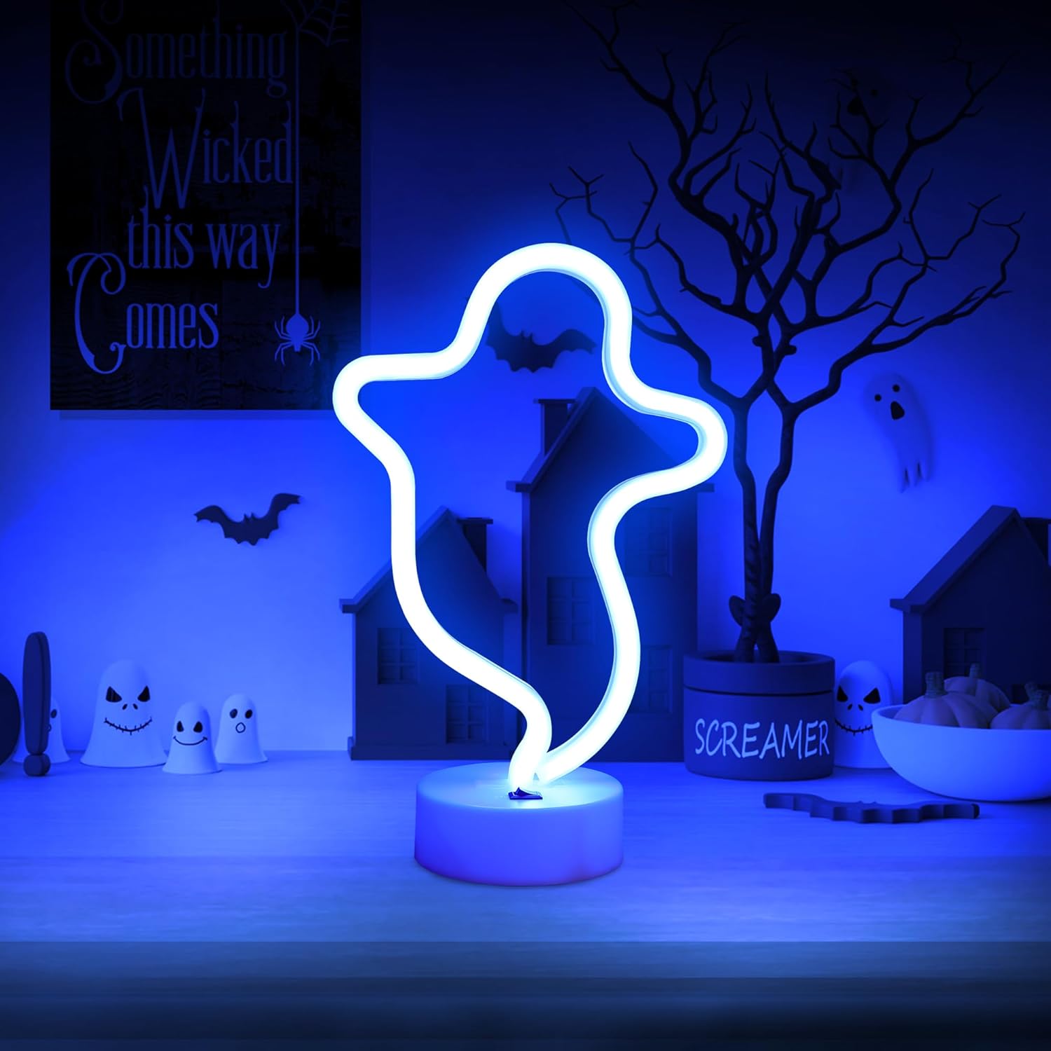 Luz de neón fantasma, luz de neón con pilas USB o 3 AA, decoración de mesa de luces LED, decoración de pared para dormitorio de niñas, regalo de