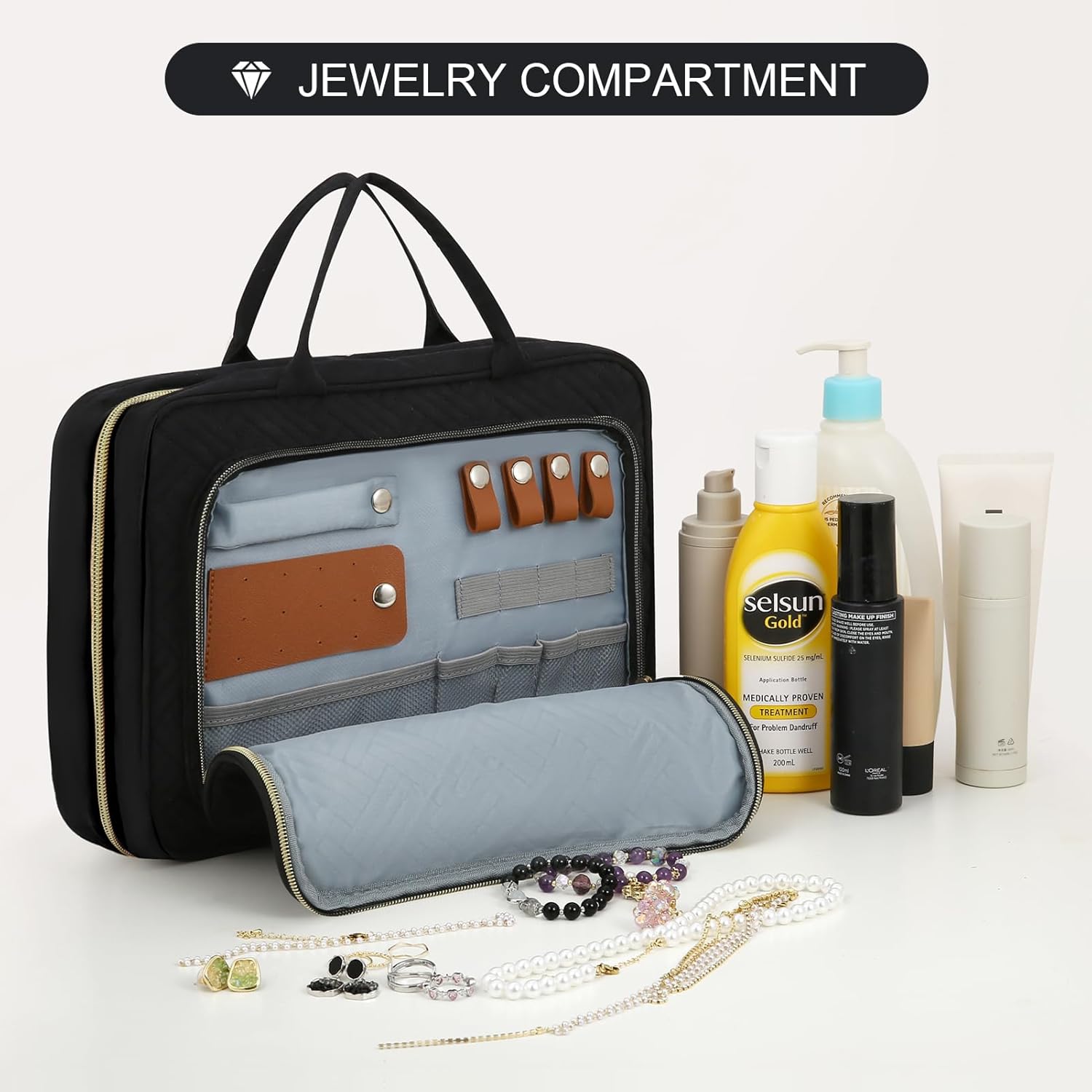 WOOMADA Neceser con gancho para colgar, bolsa de aseo de viaje de lona, bolsa grande de maquillaje de viaje, organizador de cosméticos para juego de