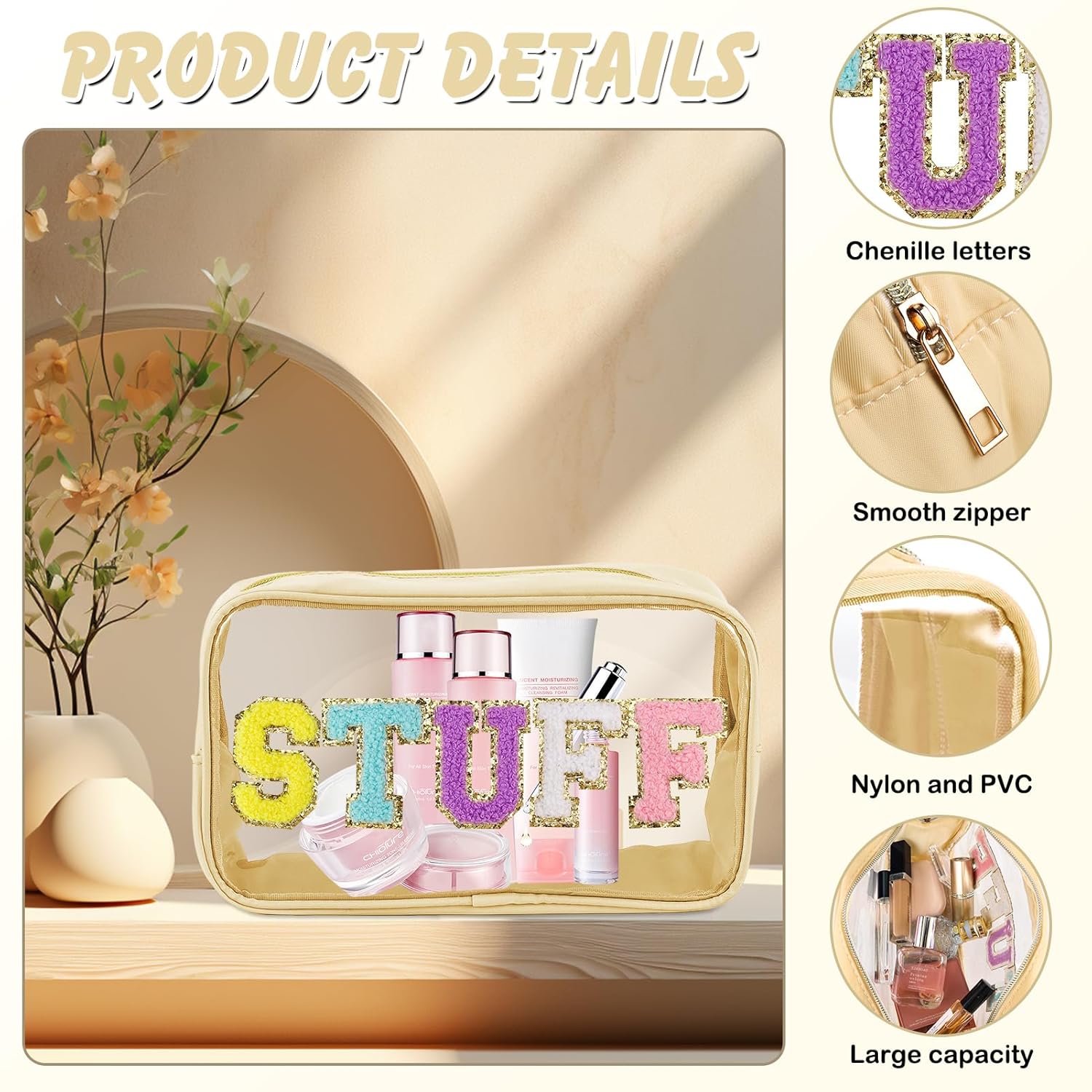Bolsa de maquillaje transparente con letras de chenilla, de nailon, bolsa de cosméticos con cremallera, bolsa grande de maquillaje de viaje