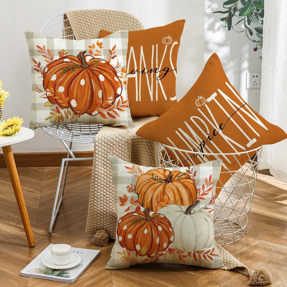 Fundas de almohada de otoño con diseño de calabaza y hojas de arce naranja para el hogar, 18 x 18 pulgadas, decoraciones de agradecimiento bendecido