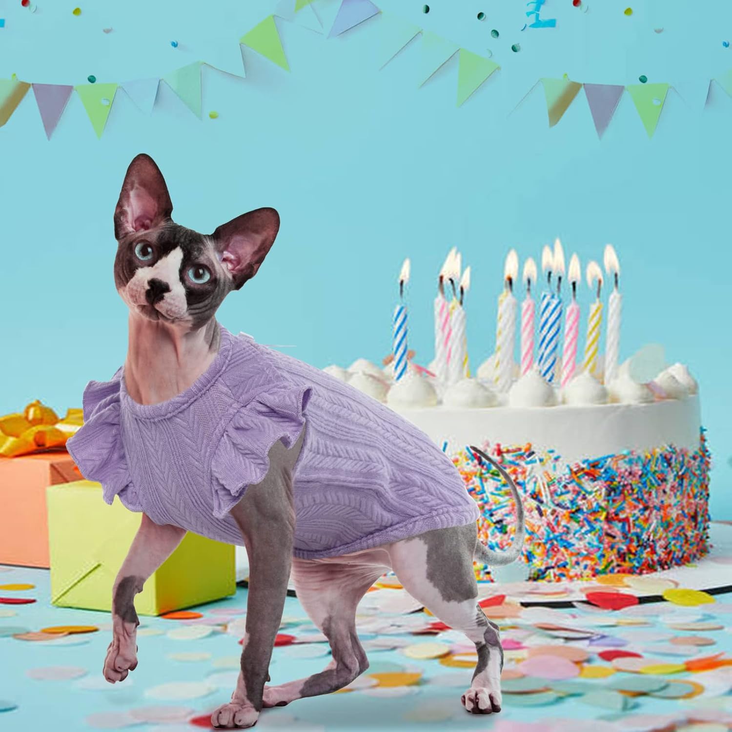 DENTRUN Sphynx – Camisa de gatos sin pelo, ropa de gatito con mangas con volantes, transpirable, pijama para gatos, Púrpura