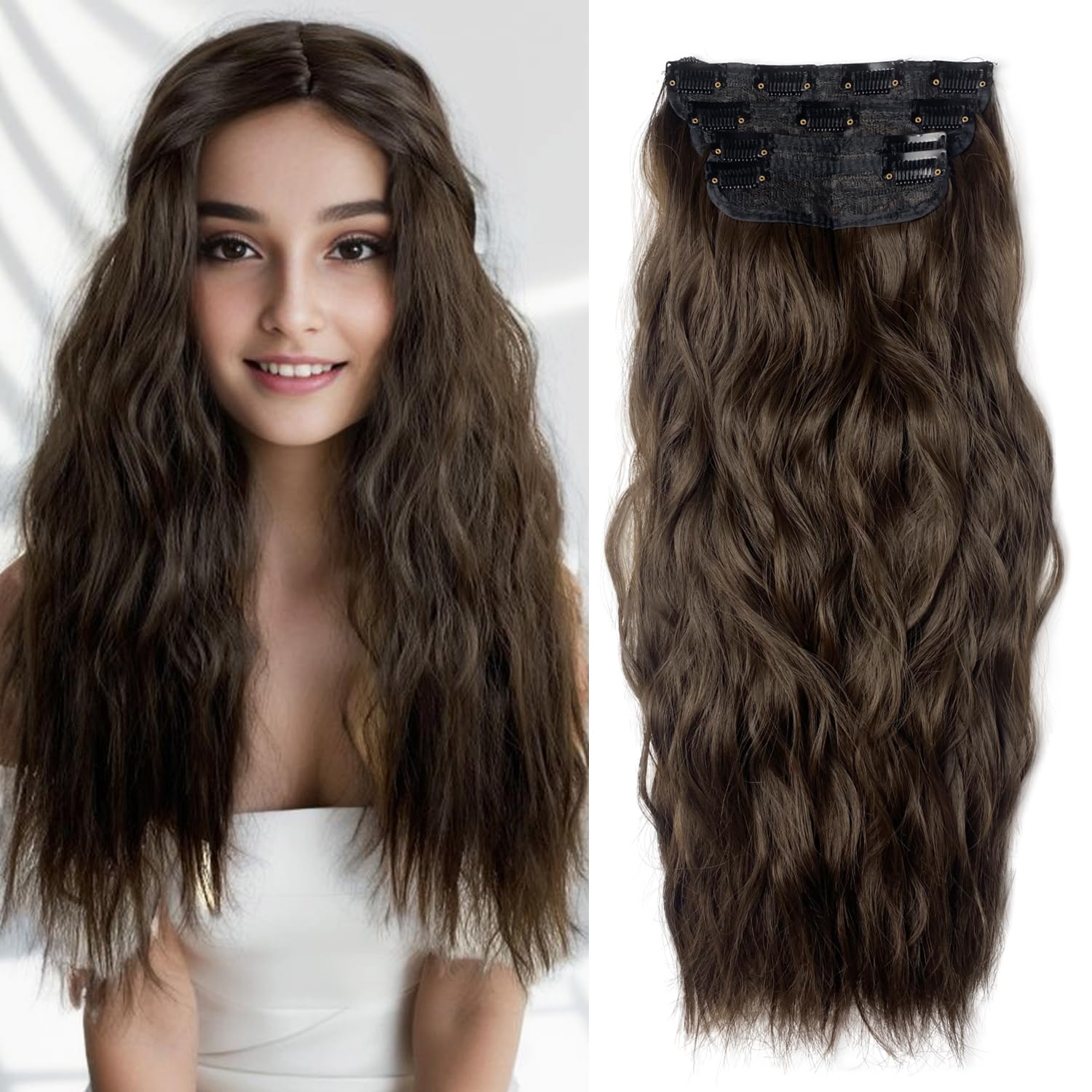 MIMISERVICE Extensiones de cabello con pinzas, extensiones de cabello largo ondulado castaño castaño castaño 4 piezas gruesas, fibra de doble trama