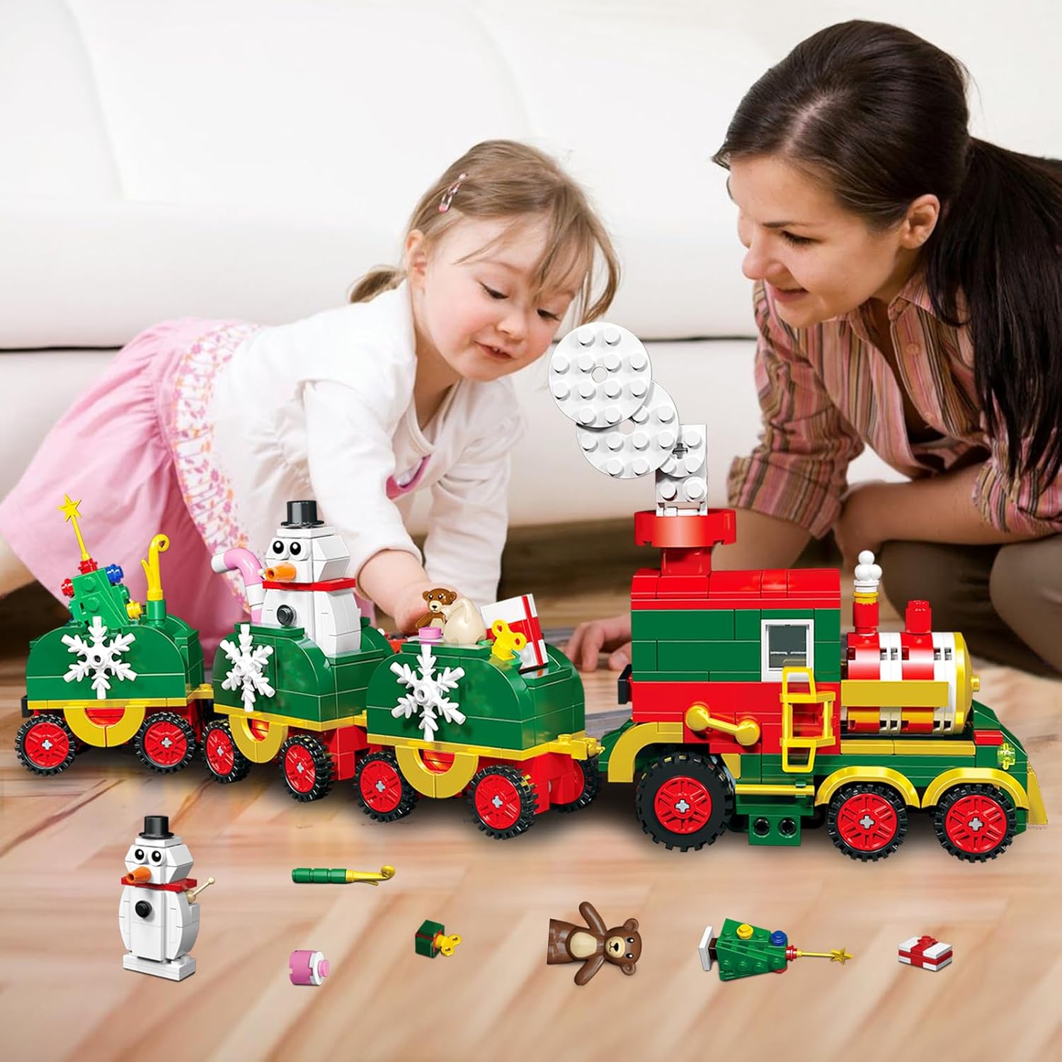 ZYLEGEN Kit de construcción de tren de Navidad, juego de tren de Navidad con muñeco de nieve, relleno de calcetín para niños, regalos de Navidad