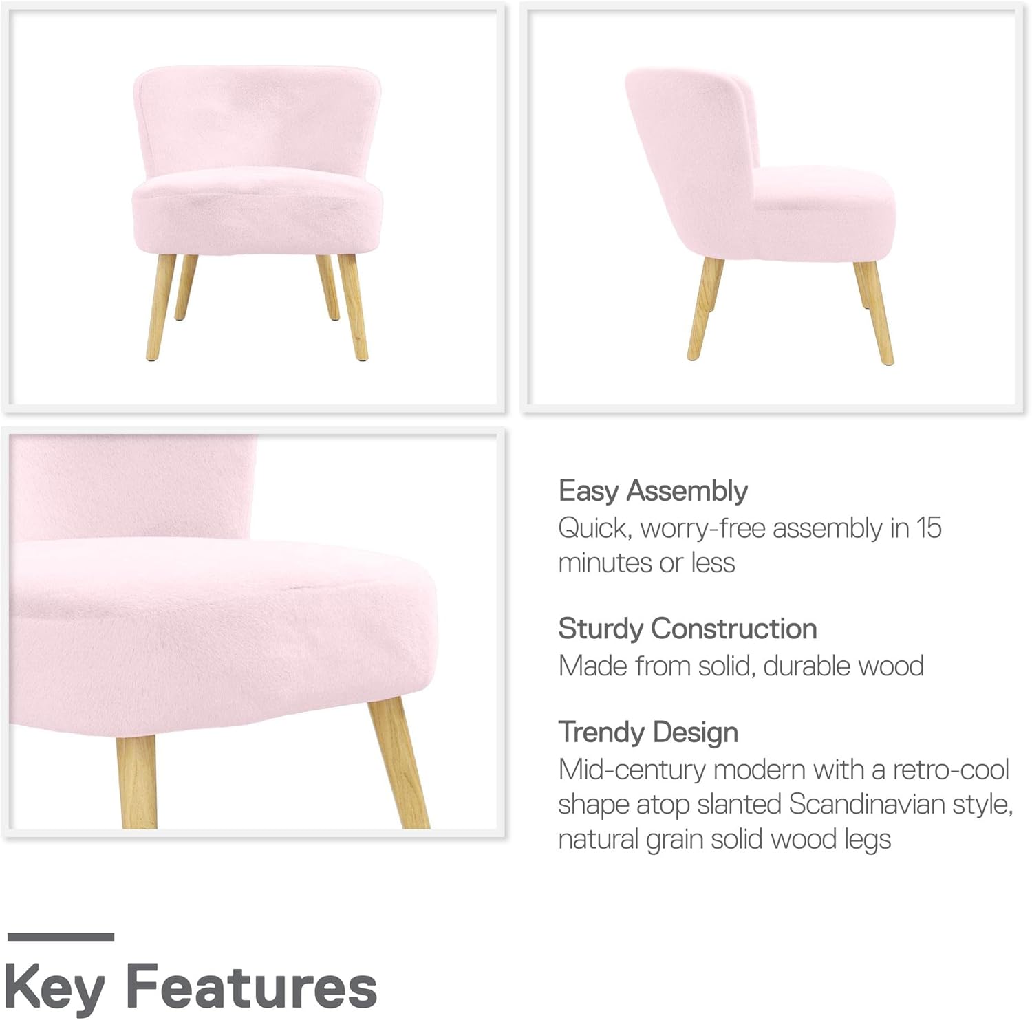 DHP Easton – Silla decorativa de piel sintética para niños con patas de madera natural, color rosa