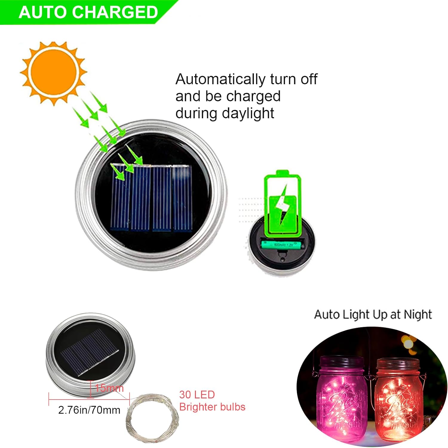 ANGMLN Luces solares mejoradas para tapa de tarro de masón, paquete de 10 unidades de 30 luces LED de hadas con diseño de luciérnaga, incluye (10