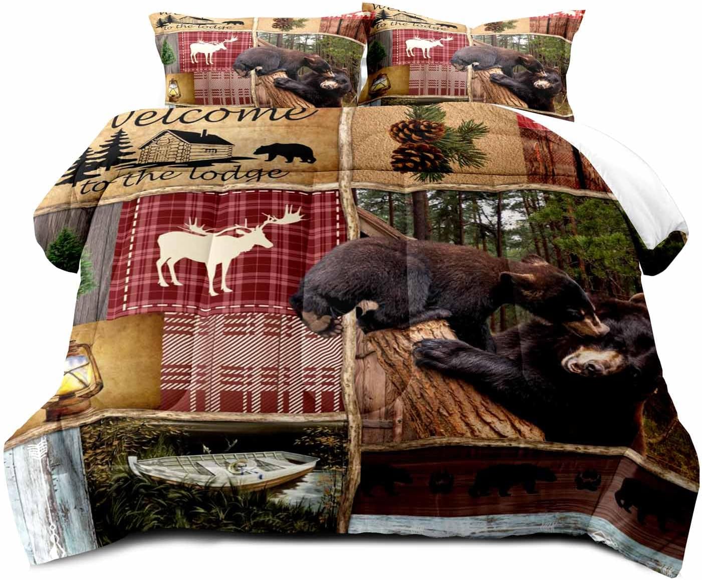 LUVIVIHOME Juego de edredón de 3 piezas tamaño King, juego de ropa de cama rústica de cabaña, ciervos, bosque, animales, vida silvestre, caza,