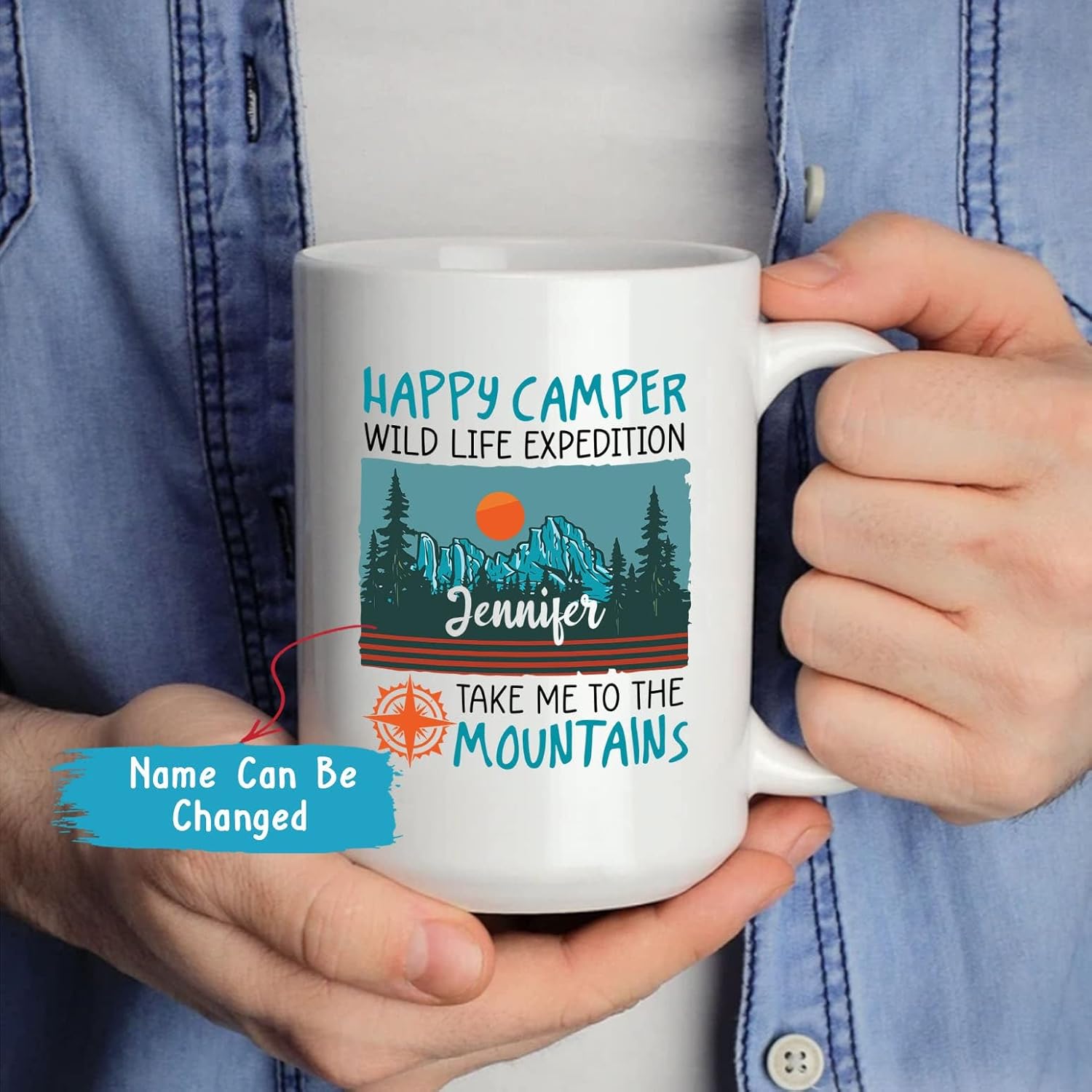 Taza de café con texto en inglés Happy Camper Wild Life Expedition Take Me To The Mountains, taza de campamento, regalos de campamento