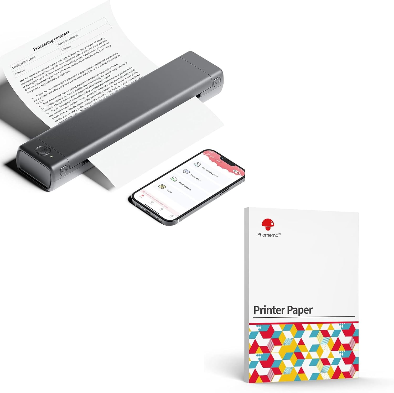 Phomemo M08F – Impresora portátil + papel térmico A4, 200 piezas, impresora Bluetooth inalámbrica para el hogar, negocios, M08F-A4, impresora