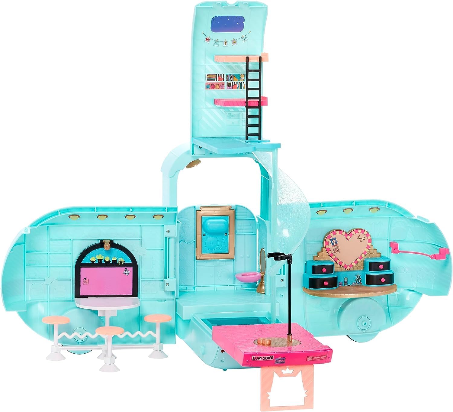 LOL Surprise OMG Glam N’ Go Camper Playset con más de 50 sorpresas y juego de 360, totalmente amueblado con piscina, tobogán de agua, literas,