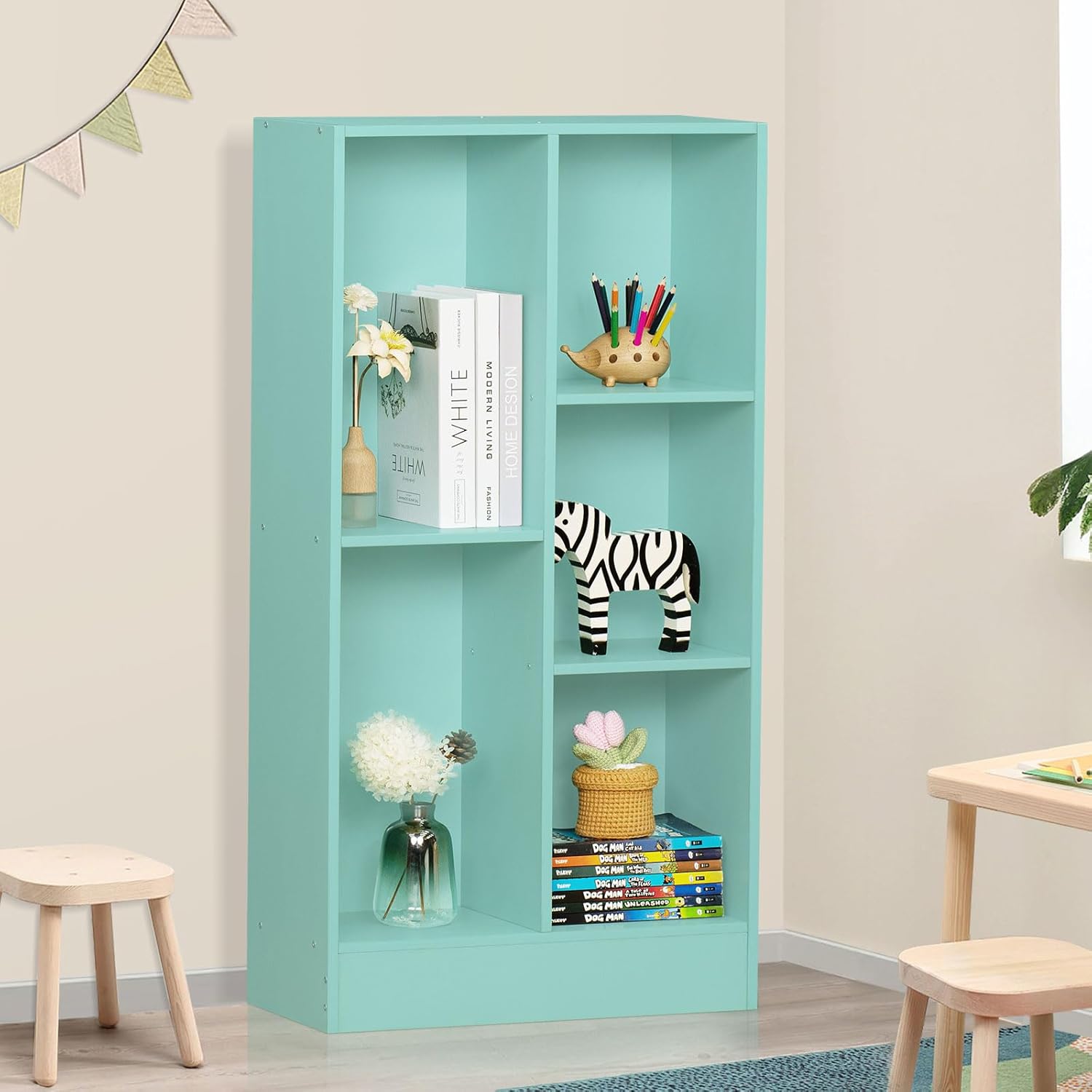 LEYAOYAO Estantería de 5 cubos con base, estantería moderna de 3 niveles verde menta para niños, estantes anchos de pie, estante organizador de