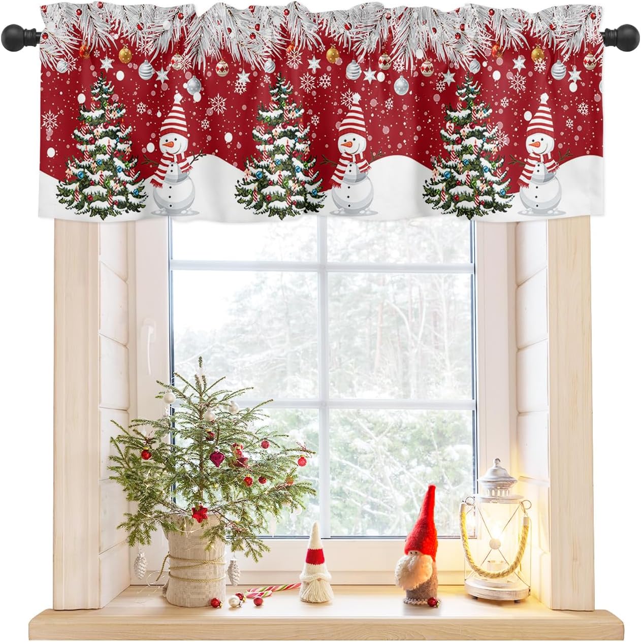 Cortinas de cenefa de Navidad para ventanas de cocina, árbol de Navidad, lindo muñeco de nieve, copos de nieve, agujas de pino, cenefas de ventana