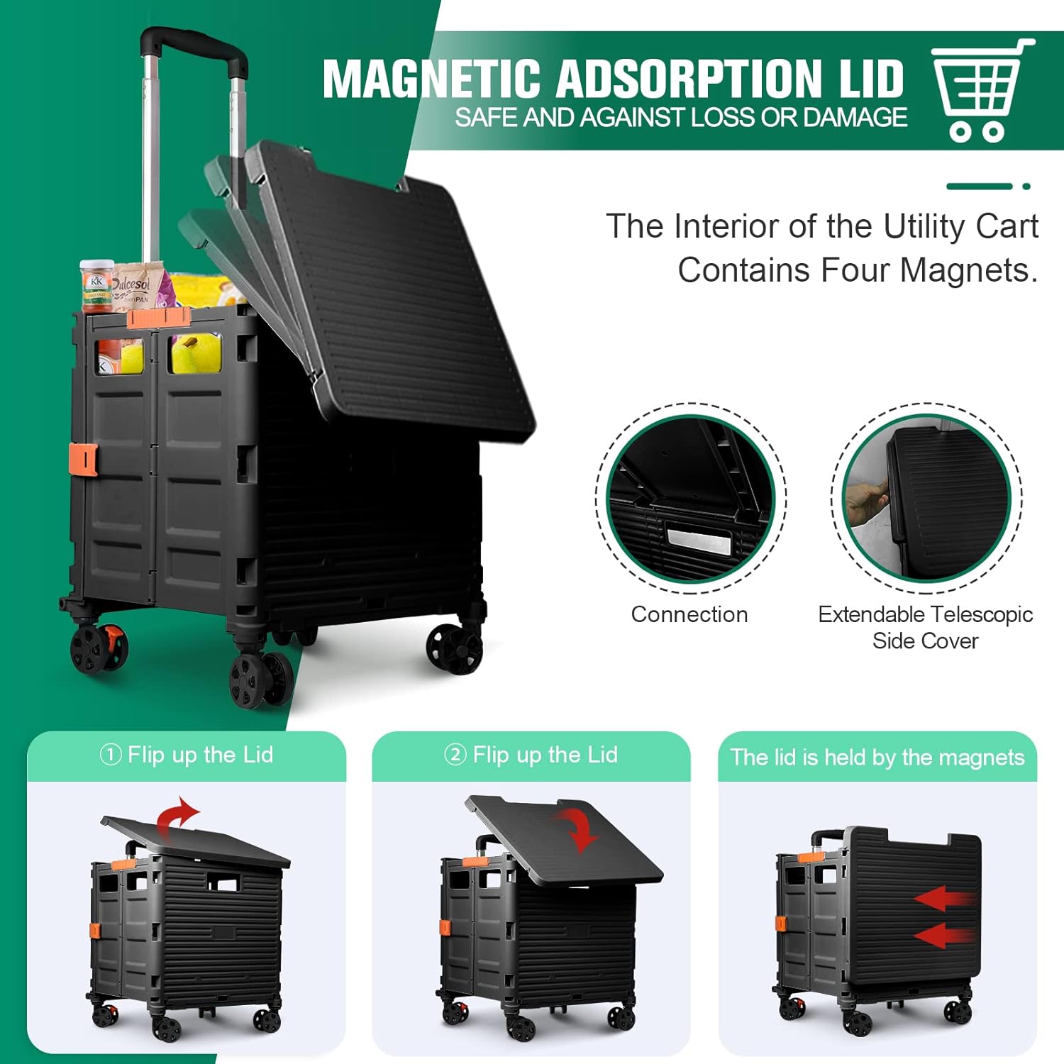 Foldable Utility Cart Folding Portable Rolling Crate with Magnetic Extended Lid,360Rotate Wheels,176LBS Load Capacity,Heavy Duty Durable Dolly Cart