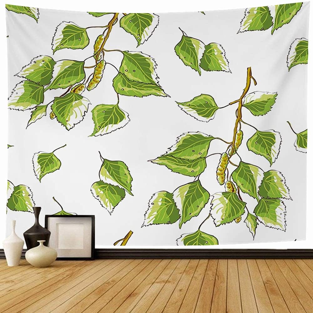 Tapestry Wall Hanging Template White Leaf Spring Textile Ramus Texture Green Birch Tiled Leaves Branches Nature Backdrop Wall Tapesty for Bedroom