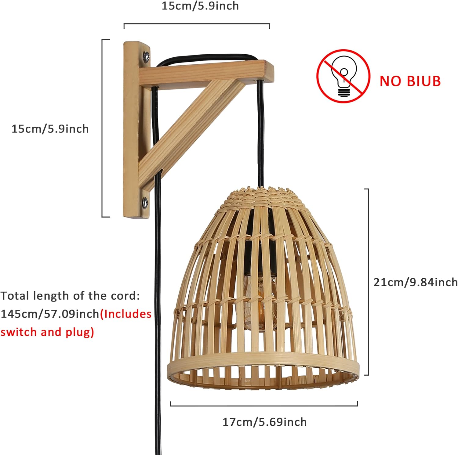 Moderna lámpara de pared de bambú con enchufe, pantalla de ratán para colgar en la pared con interruptor, apliques de pared colgantes de mimbre de