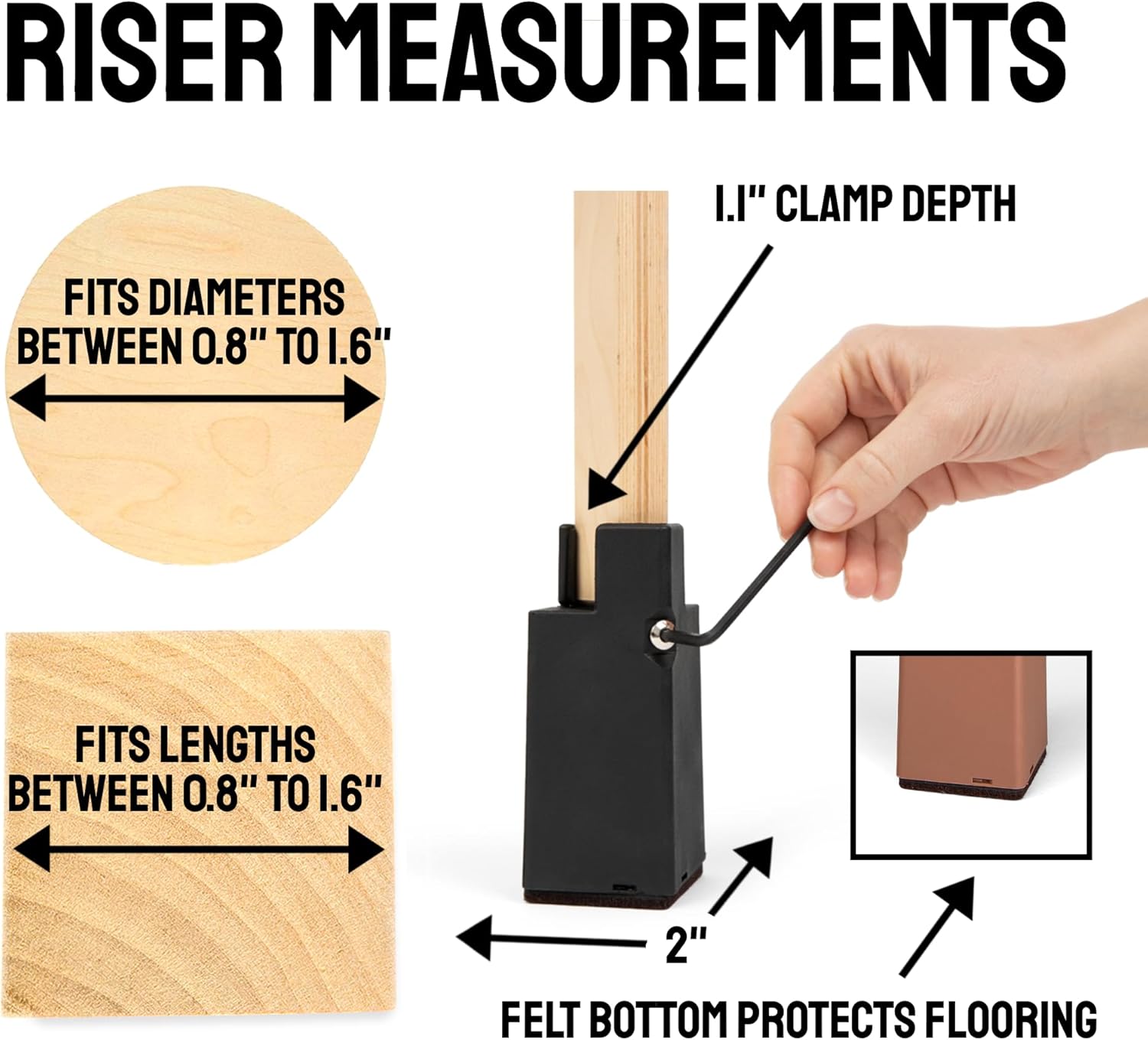 Goods4U Elevadores de muebles negros de 4 pulgadas  Perfecto para el dolor de rodilla  Solo para piernas de 0.8 a 1.6 pulgadas de grosor, 100%