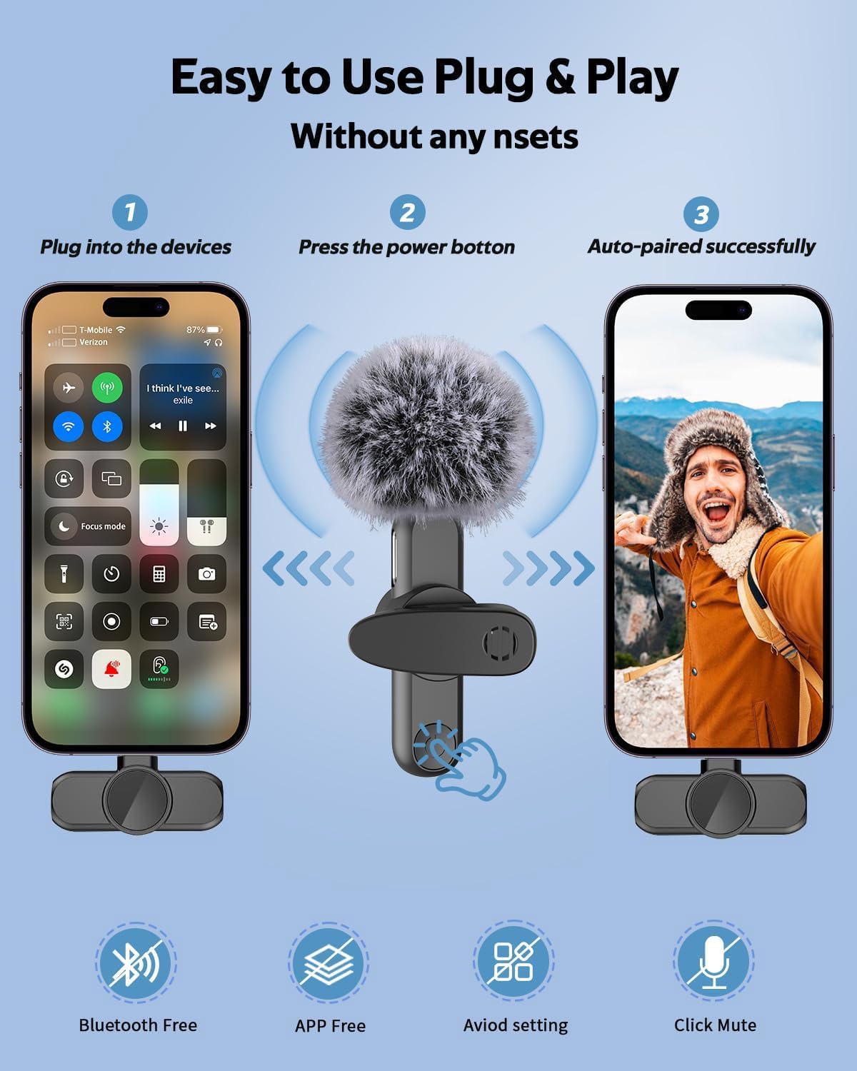 Micrófono Lavalier inalámbrico para iPhone iPad, micrófono de solapa inalámbrico omnidireccional pequeño profesional inalámbrico para grabación de