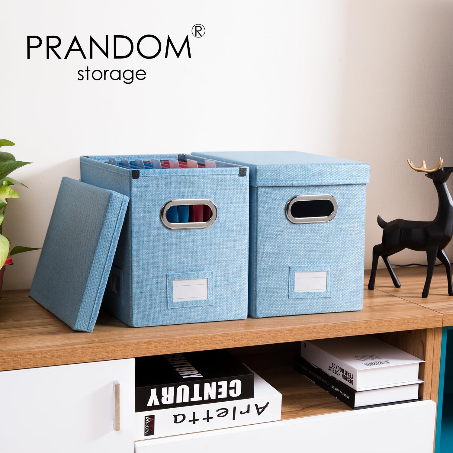 PRANDOM Caja organizadora de archivos, juego de 2 carpetas plegables decorativas de lino para almacenamiento de archivos colgantes con tapas,