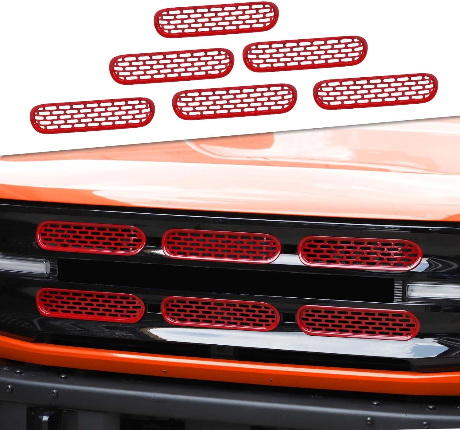 JeCar Insertos de rejilla delantera, marco de rejilla de malla, accesorios exteriores compatibles con Ford Bronco 2021-2023, rojo