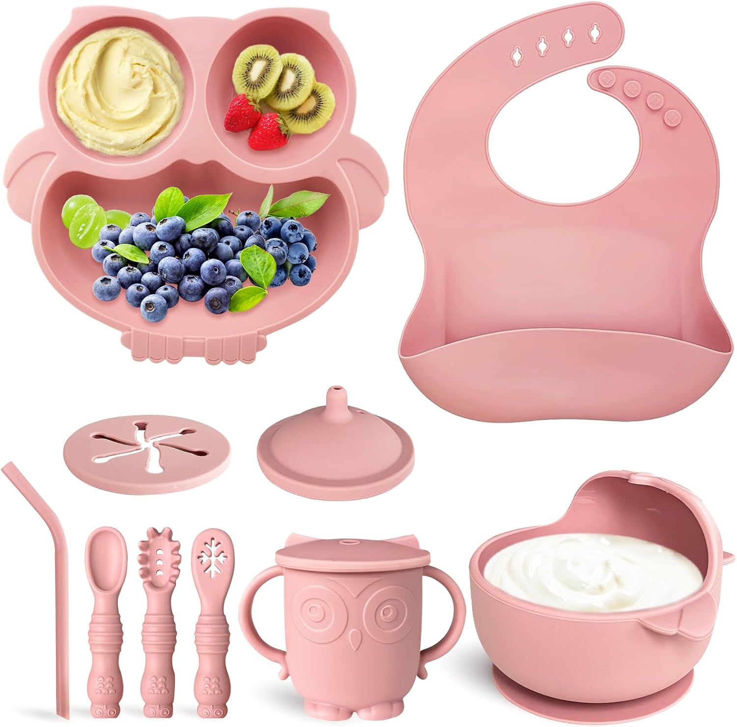 Baby Led Weaning Supplies – Juego de 10 piezas de silicona para bebés, precuchara y tenedor, babero ajustable, cuenco de silicona con succión para
