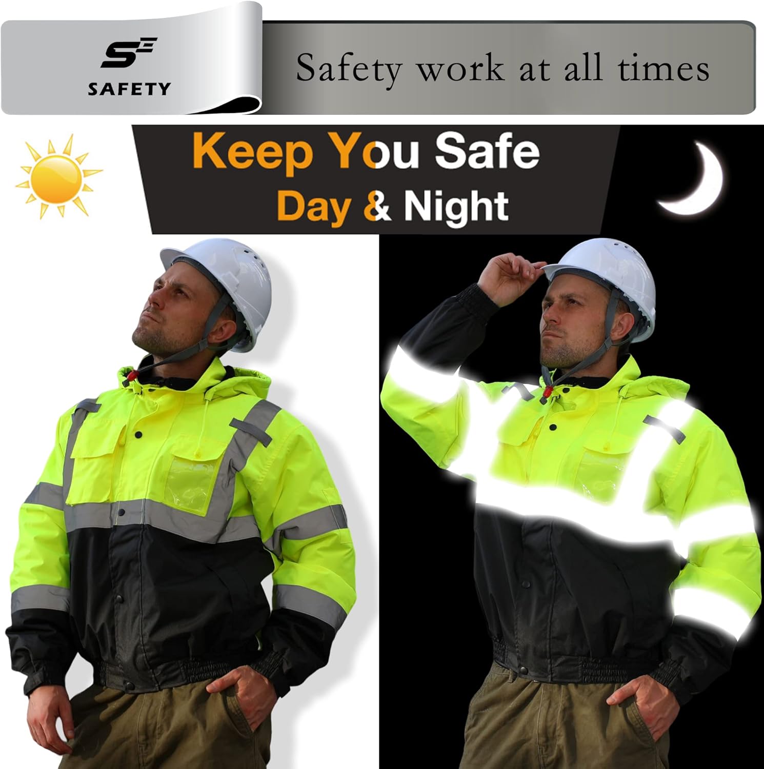 Chaqueta de alta visibilidad para hombre, impermeable, con capucha, reflectante, de alta visibilidad, para el invierno, chaquetas amarillas de
