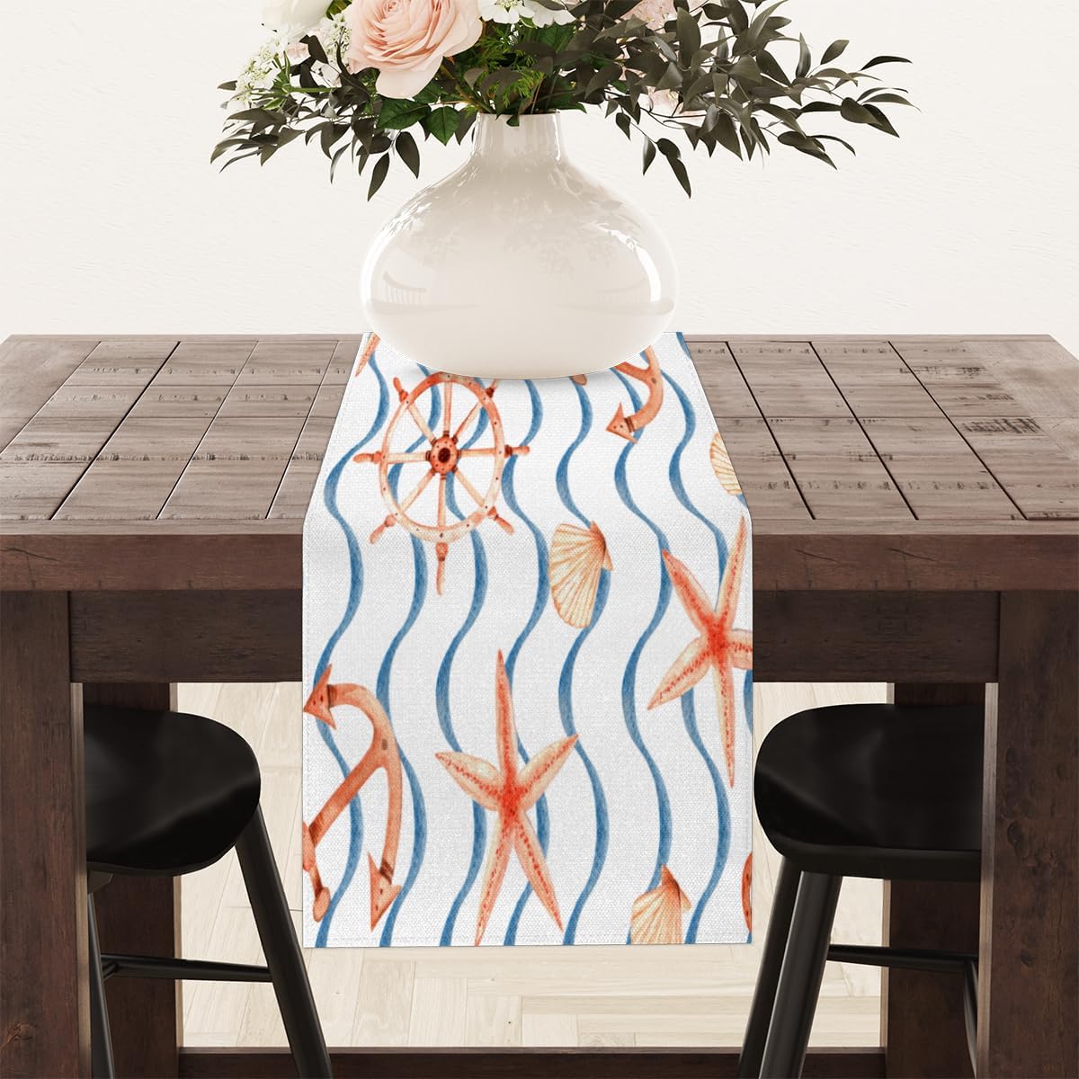 Table Runner Rudder Shell Wave Line, Rustic Linen Table Cloth for Farmhouse Kitchen, Dinner, Events, Party, Holiday Table Decor 13 x 120 Inches