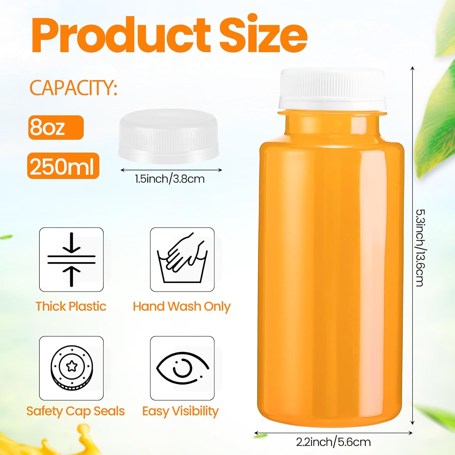 150 botellas de plástico para jugo con tapas, recipientes cilíndricos transparentes para bebidas, botellas vacías para bebidas de PET con tapas a