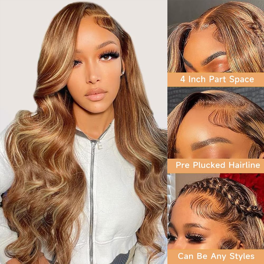 Peluca de cabello humano con encaje frontal transparente HD de 13 x 4 pulgadas, 180 % de densidad, cabello humano ondulado 427, color rubio miel,