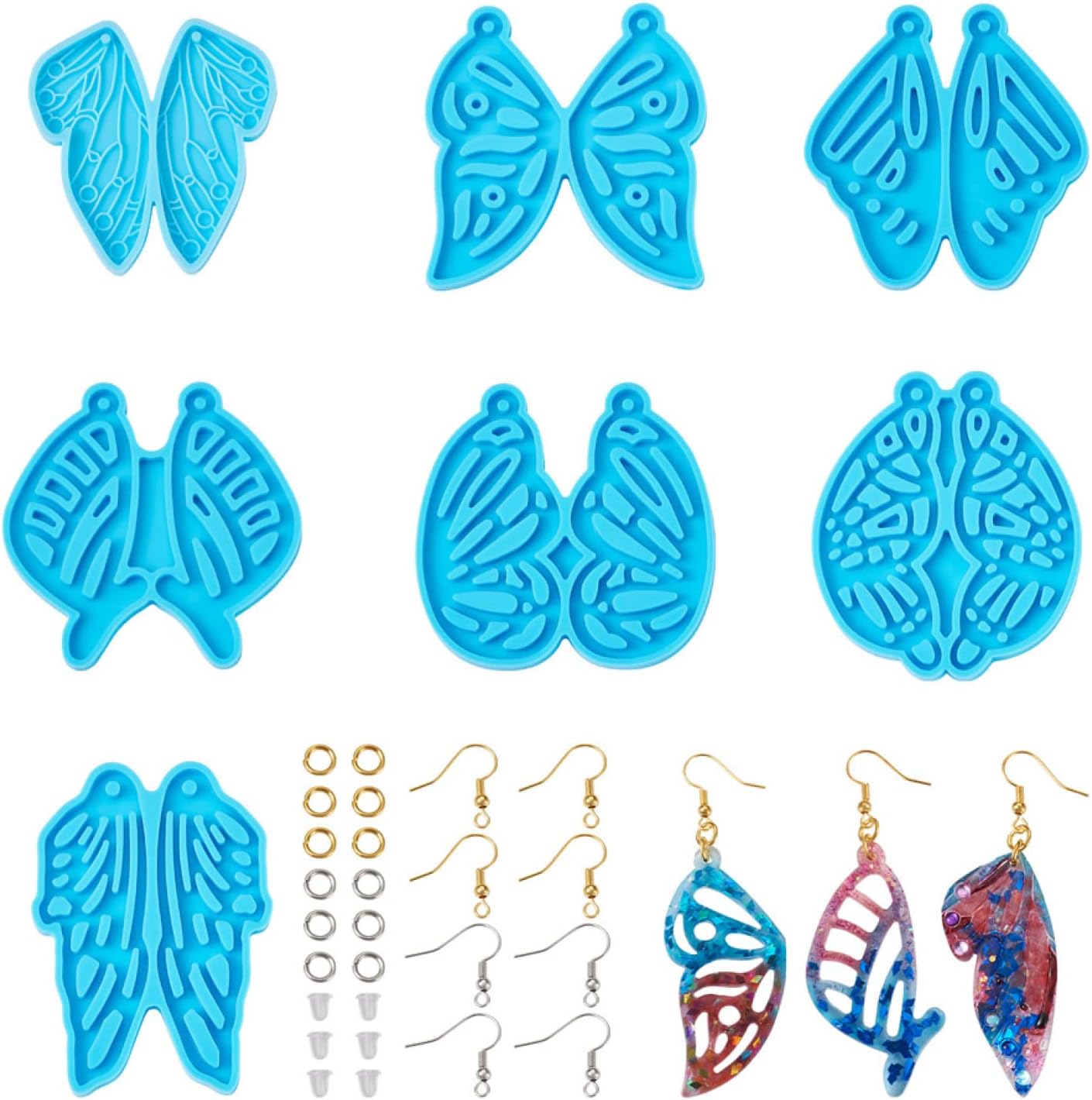 Kit de moldes para aretes de ala de mariposa, 7 piezas, molde de silicona con anillos de salto, ganchos para aretes, tuercas de plástico para aretes