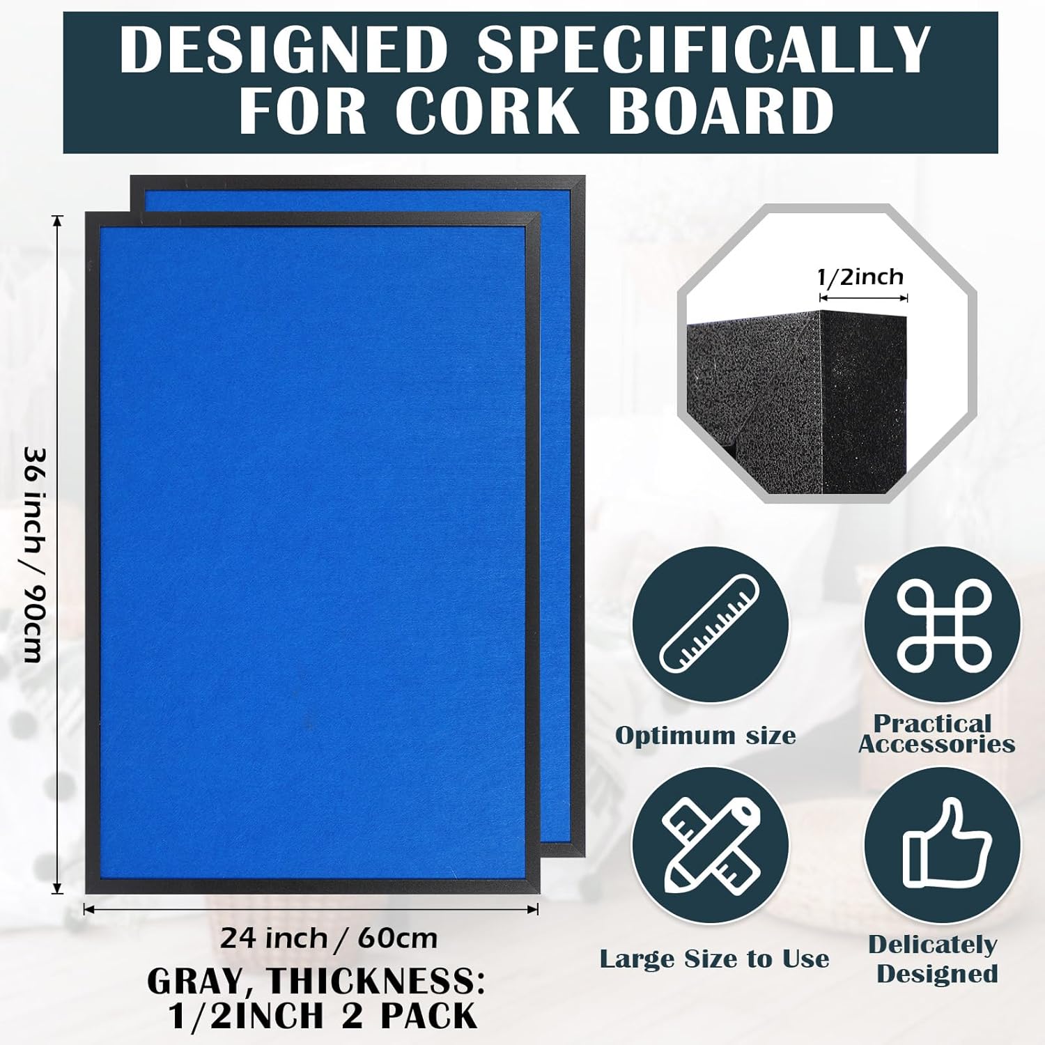 2 tableros grandes de corcho para montar en la pared, con marco de madera, de 36 x 24 pulgadas, tablón de anuncios para colgar, rectangular, de 12