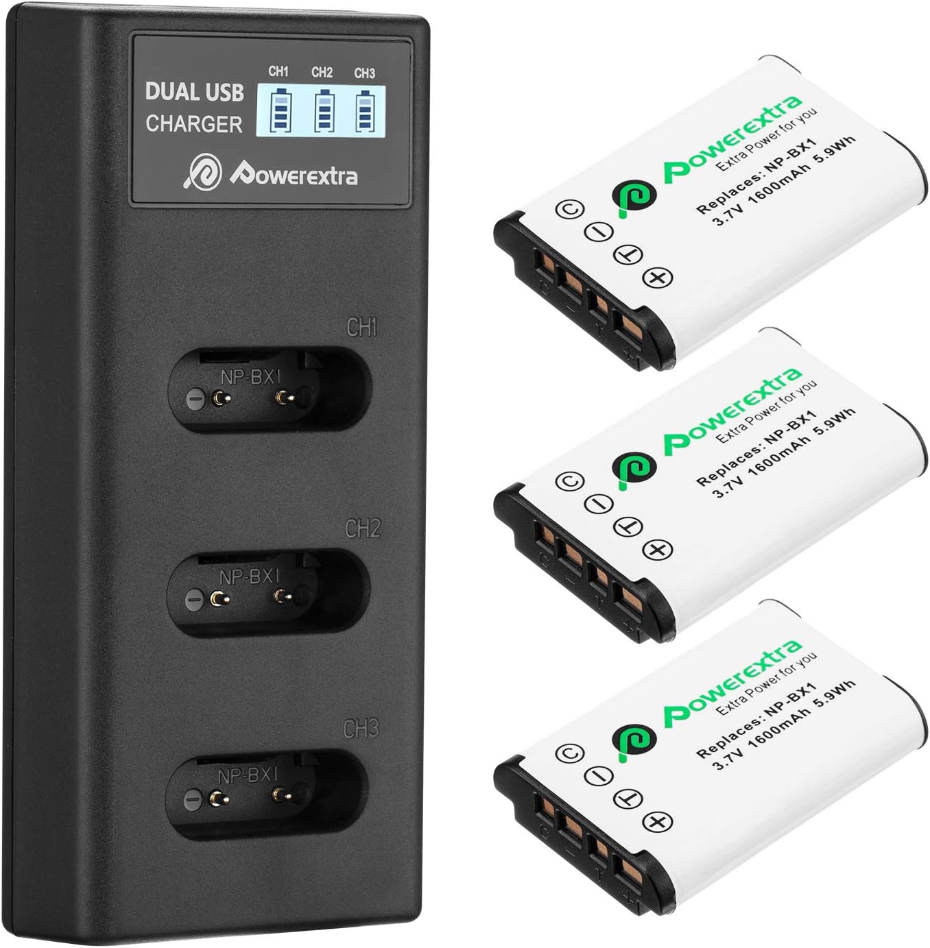 Powerextra Batería NP-BX1 3 y cargador USB de 3 canales para Sony NP-BX1 y Sony Cyber-Shot DSC-RX100, DSC-RX100 II, DSC-RX100M II, DSC-RX100 III,