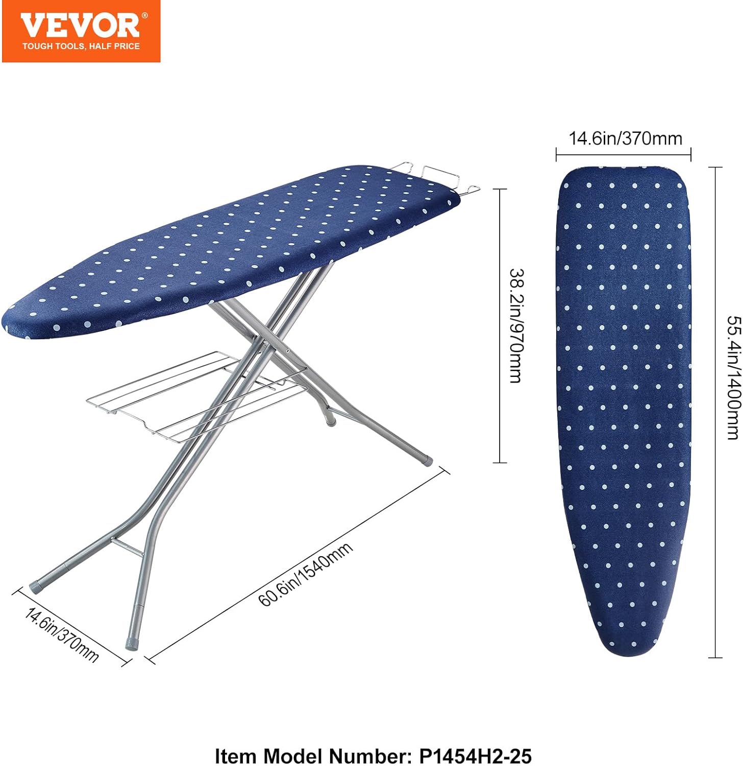VEVOR Tabla de planchar con bandeja de almacenamiento inferior, tabla de hierro gruesa de 4 capas con cubierta resistente al calor y cubierta 100%