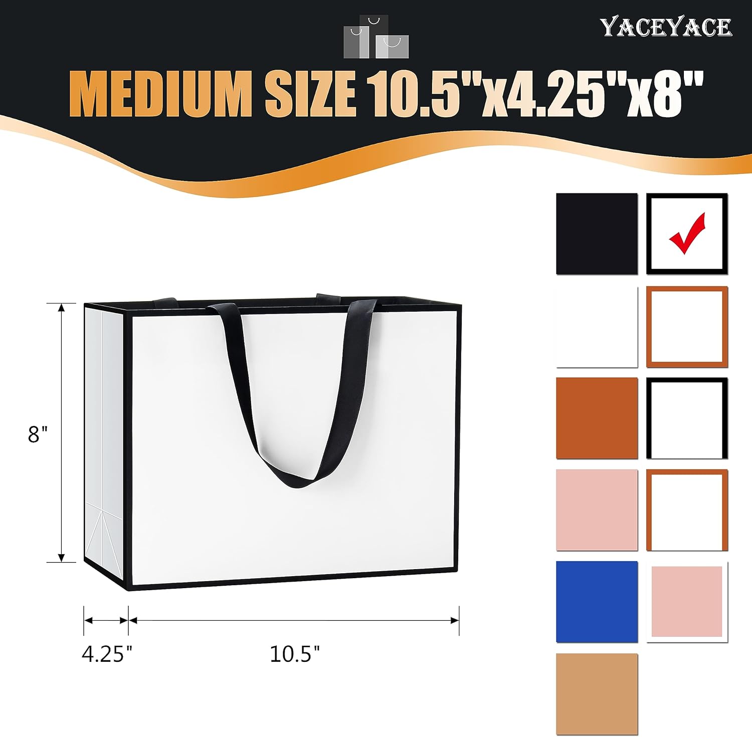 Bolsas de regalo blancas y negras a granel YACEYACE 20 piezas de 10.5 x 4.25 x 8 pulgadas, bolsas de regalo medianas blancas con asas de cinta,