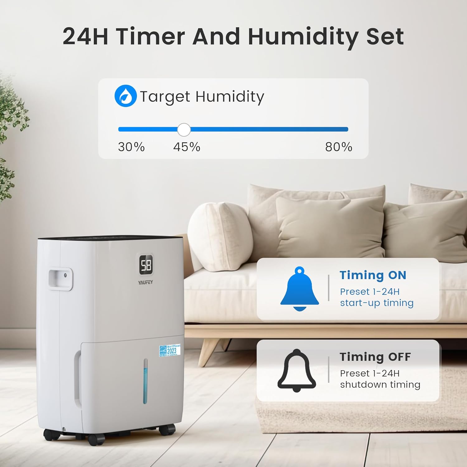 Yaufey Deshumidificador Energy Star de 80 pintas para sótano, hogar y habitación grande de hasta 5000 pies cuadrados, con manguera de drenaje,
