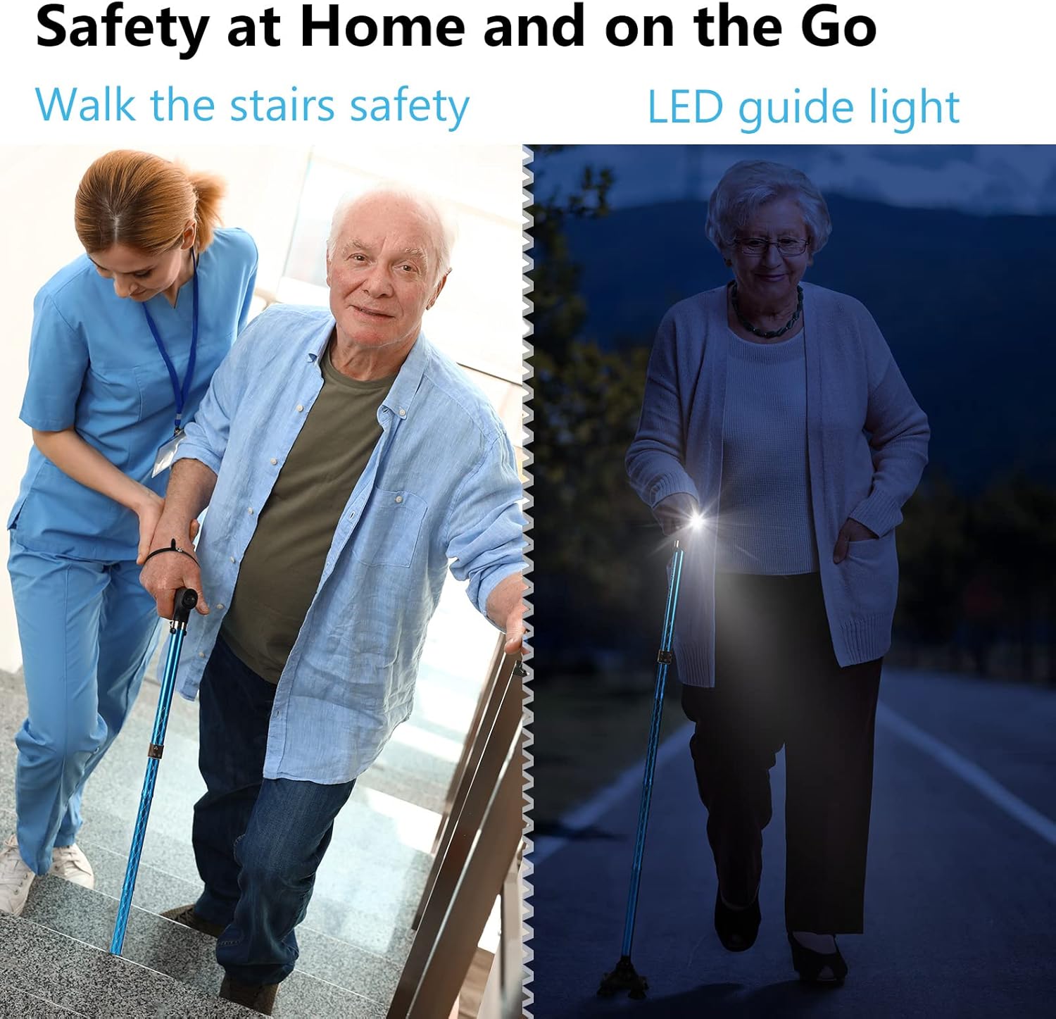 KAKICLAY Bastón plegable con luz LED para mujeres y hombres, plegable, ajustable, plegable, de aluminio ligero para personas mayores y adultos