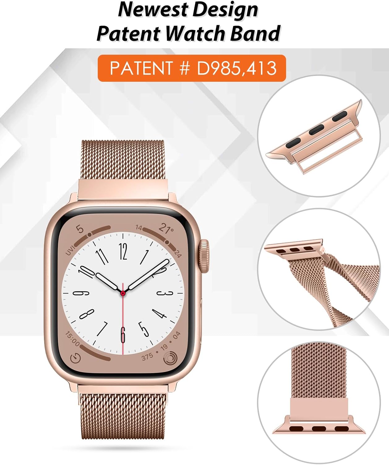 Correa milanesa original patentada compatible con Apple Watch Series 9, 8, 7, 6, 5, 4, 3, Ultra 2, 1, SE, de 1.929 in, 1.772 in, 1.732 in, 1.654 in,