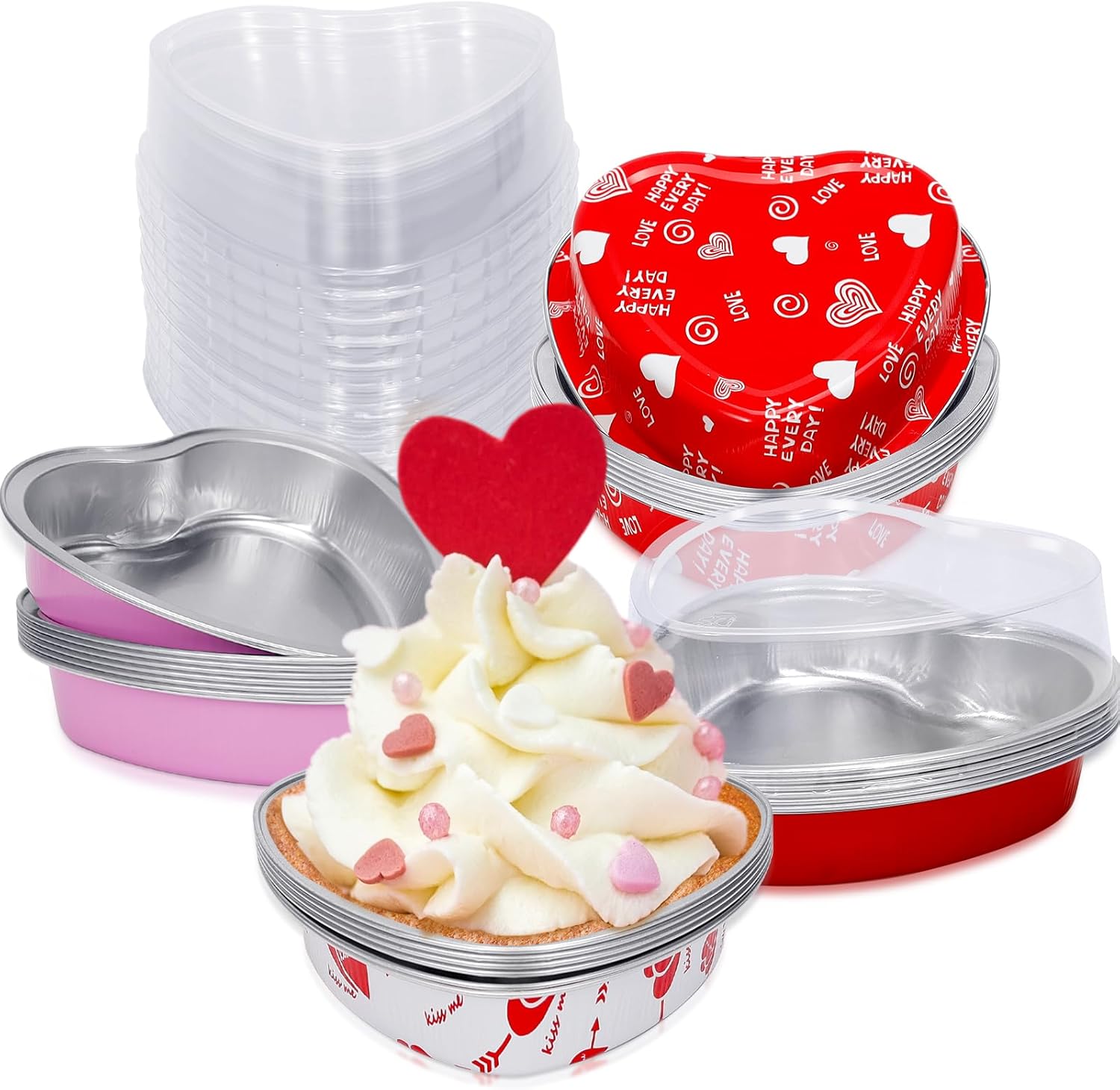 Juego de 24 moldes para pasteles con tapa en forma de corazón para el día de San Valentín, 8.6 fl oz9 onzas, desechables, mini tazas de papel de